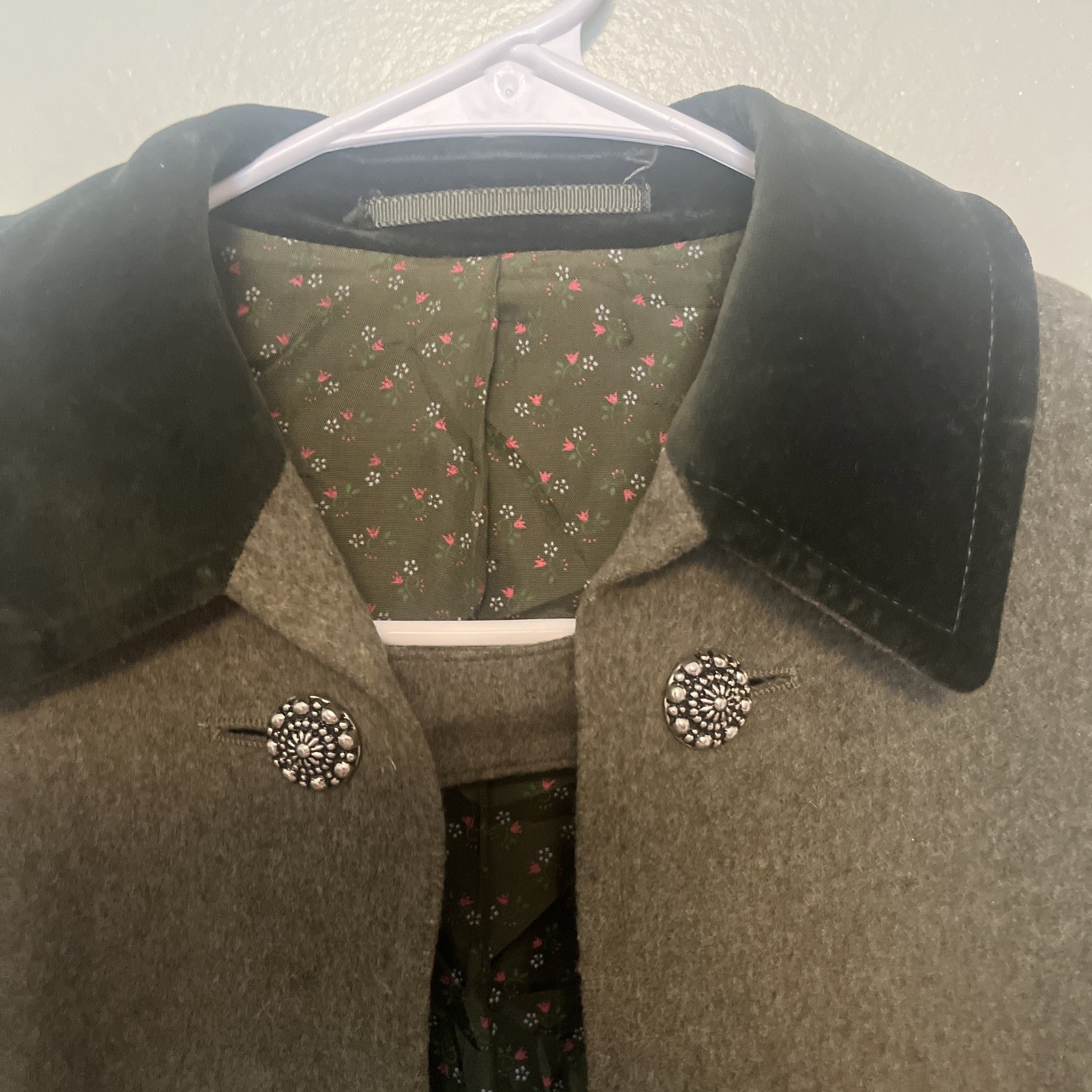 Tirol Baur Loden Austrian Wool Cape Coat Heather Green Floral Lining S/M 36 Euro