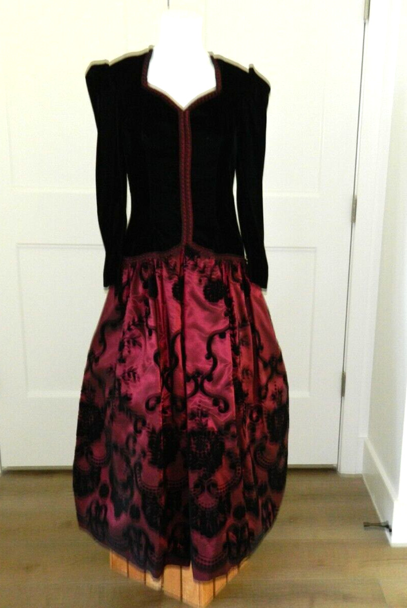 Vtg. SCOTT MCCLINTOCK Black Velvet Burgundy Brocade Special Occasion Dress sz 4