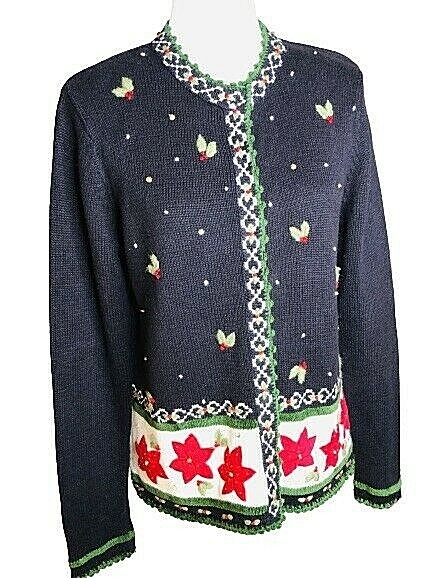 Vintage Christmas Reference Point Sweater Size S Snap Closure Poinsettia Holly