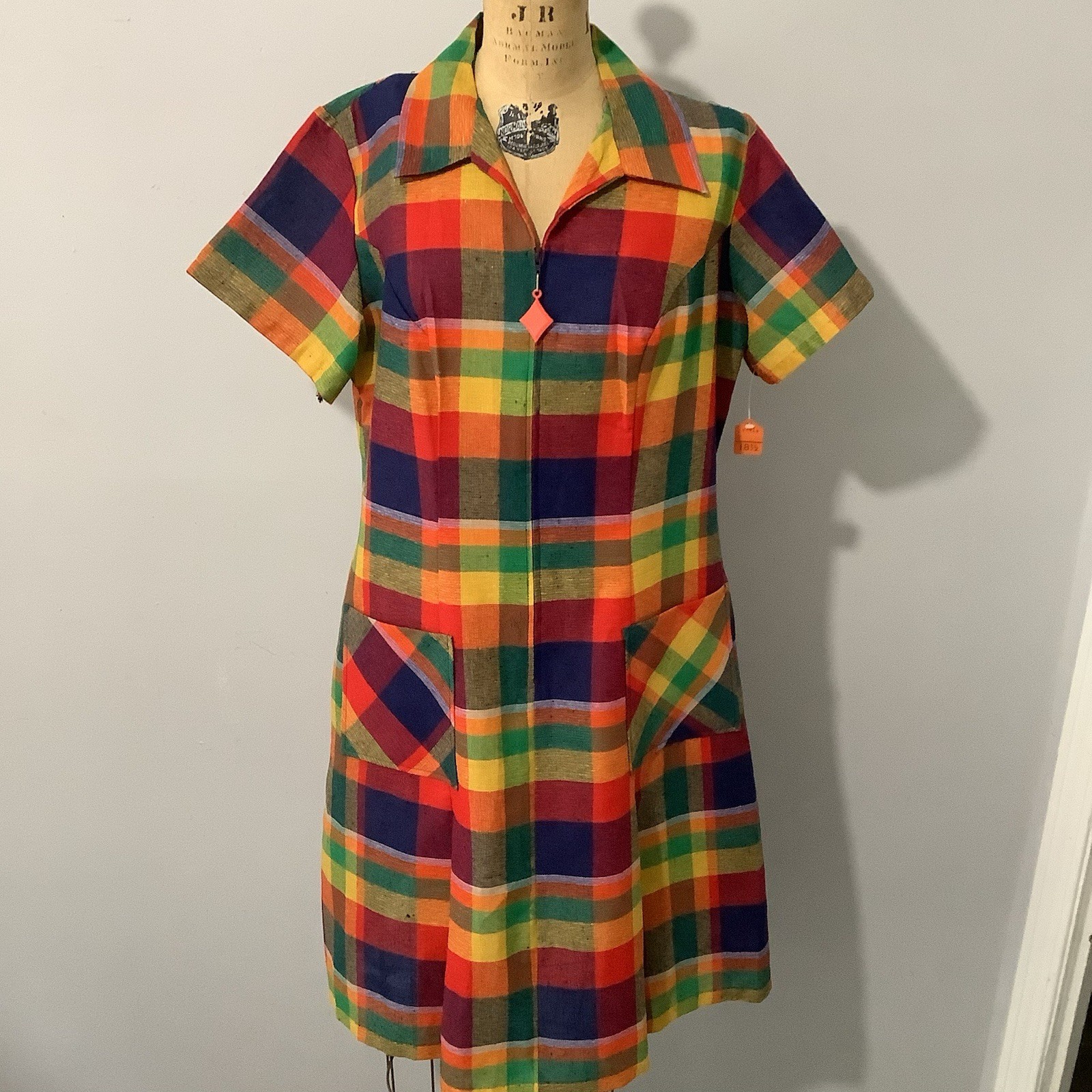 VTG 1960’s Colorful Plaid Cotton/Poly Dress Deadstock Mint With Tag XL B44”/W38”