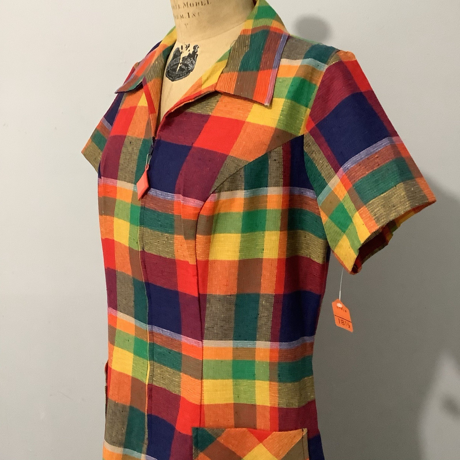VTG 1960’s Colorful Plaid Cotton/Poly Dress Deadstock Mint With Tag XL B44”/W38”