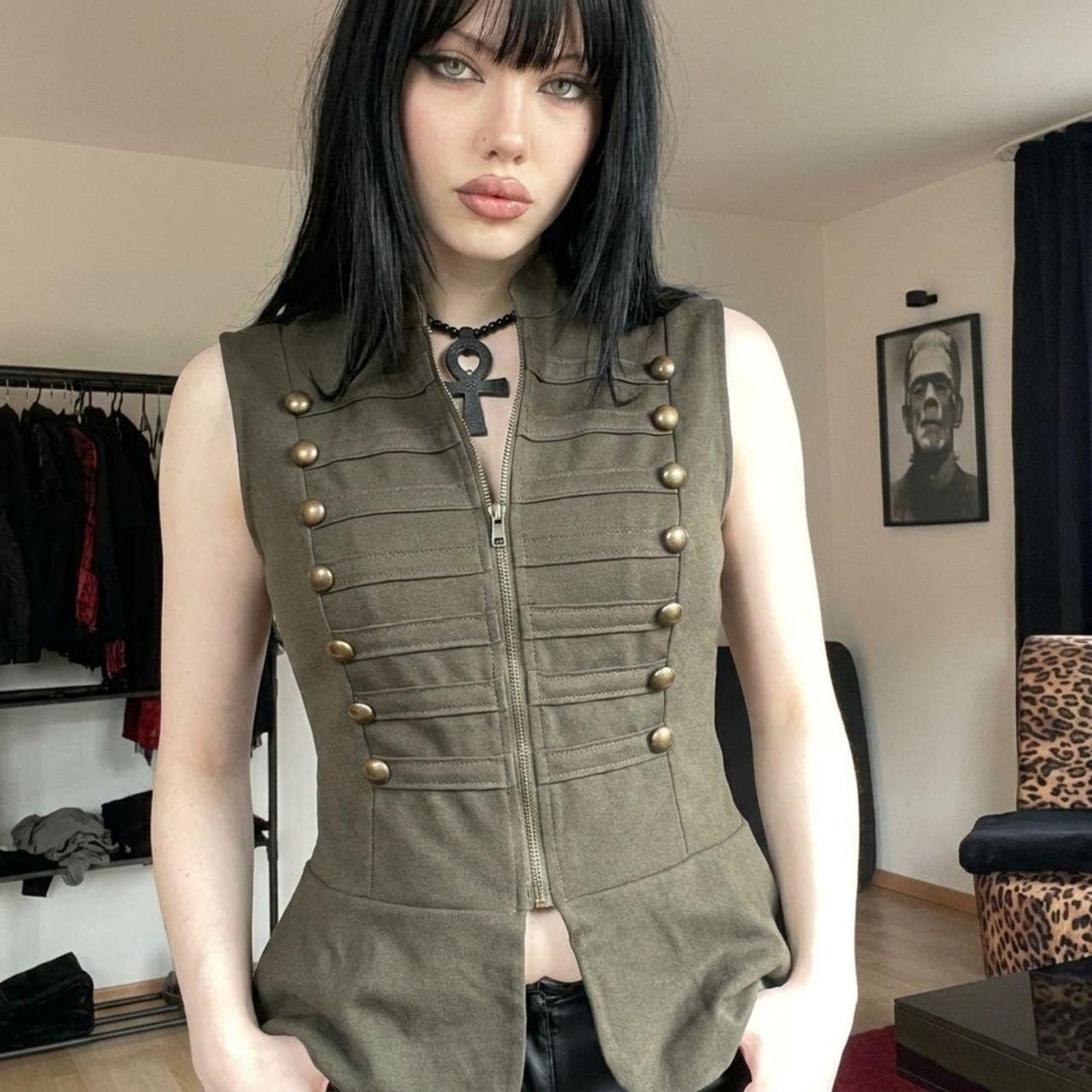 Indie Sleaze Napoleon Y2K Grunge Military Vest Buttons Zip Front Sleeveless