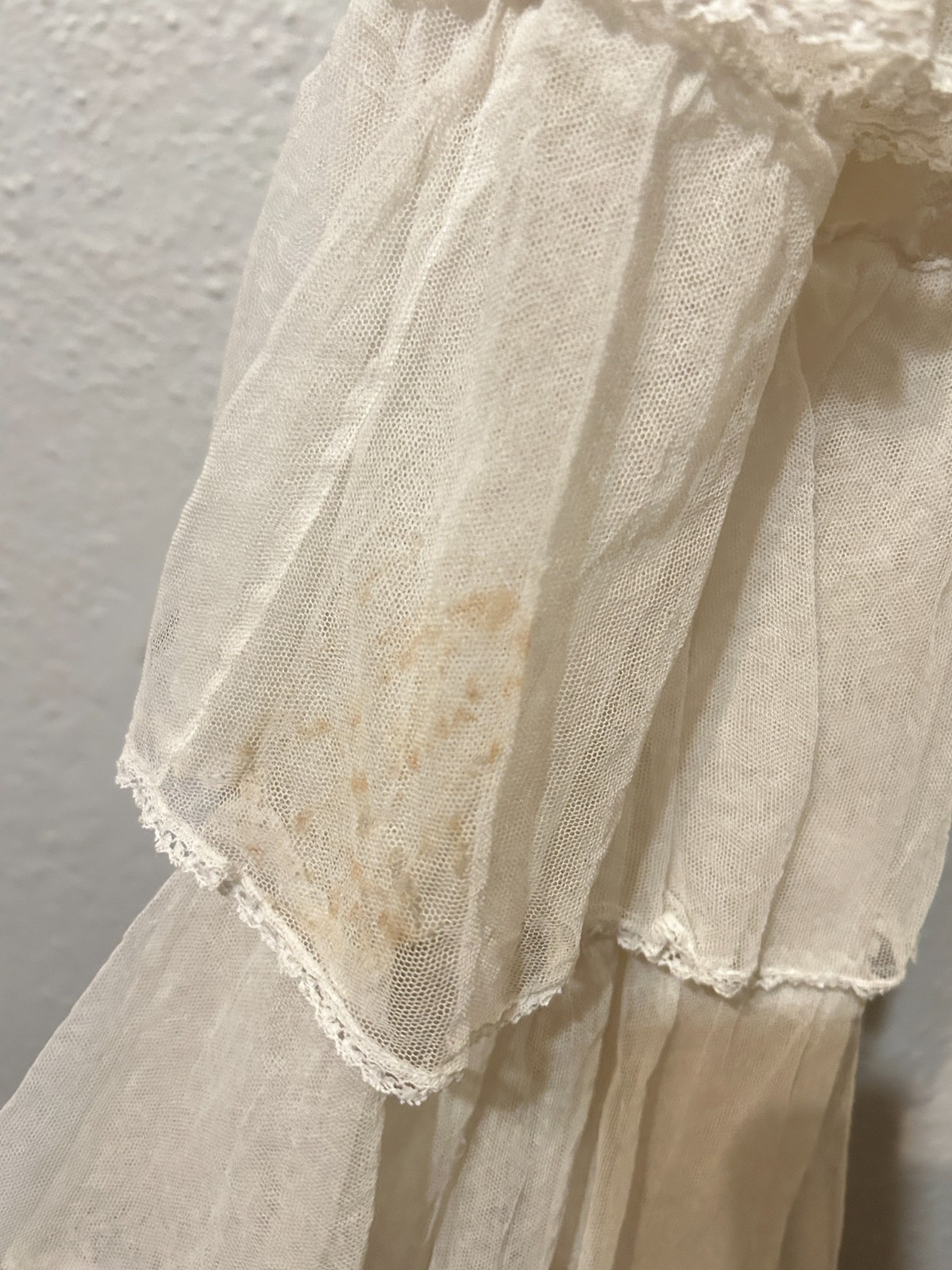 READ Edwardian Antique XXS Net Lace Gown Tea Lawn Dress Tiered Skirt Wedding