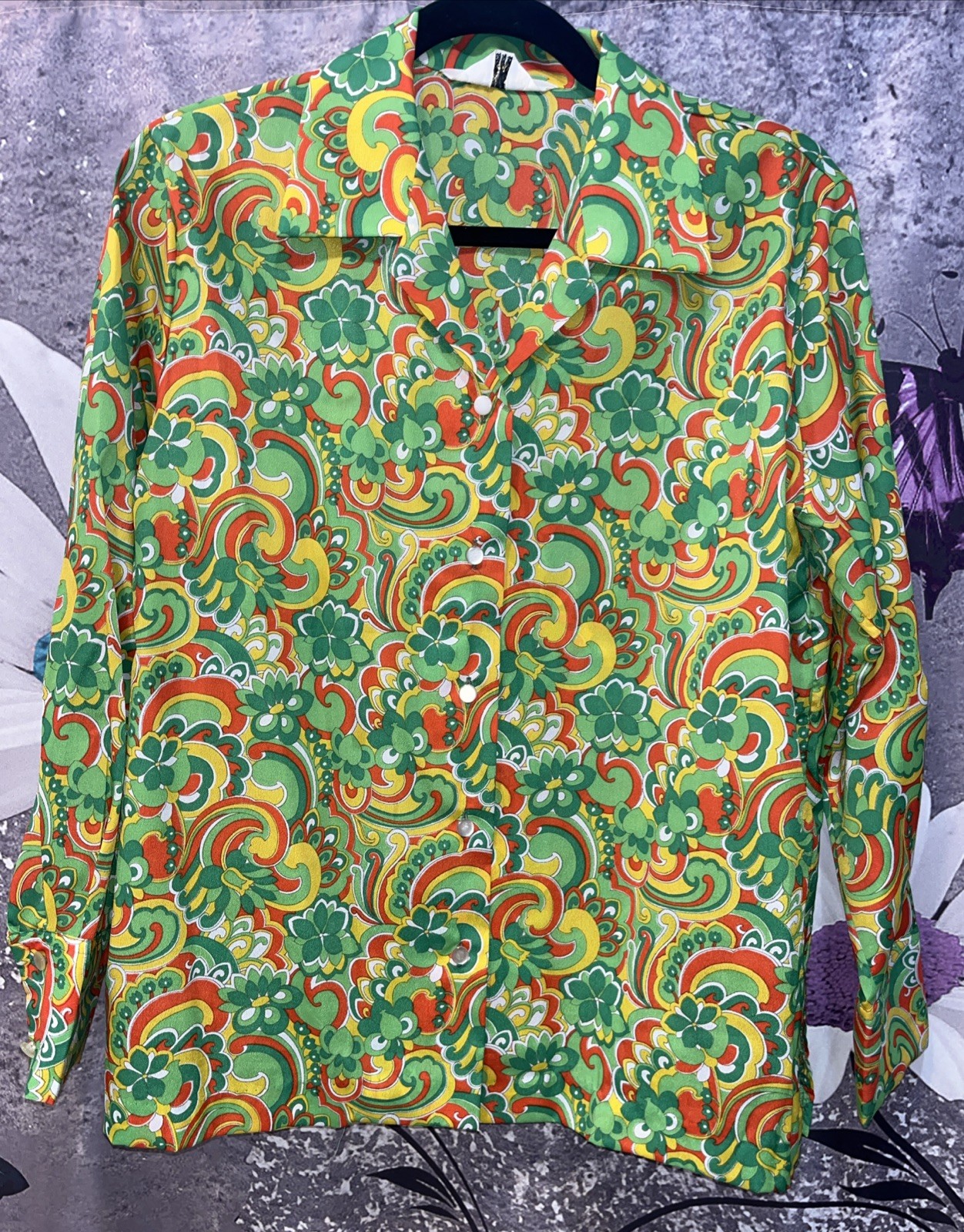 Vintage Bright Green Yellow Red Mod Flower Power Poly Long Sleeve Womens Shirt