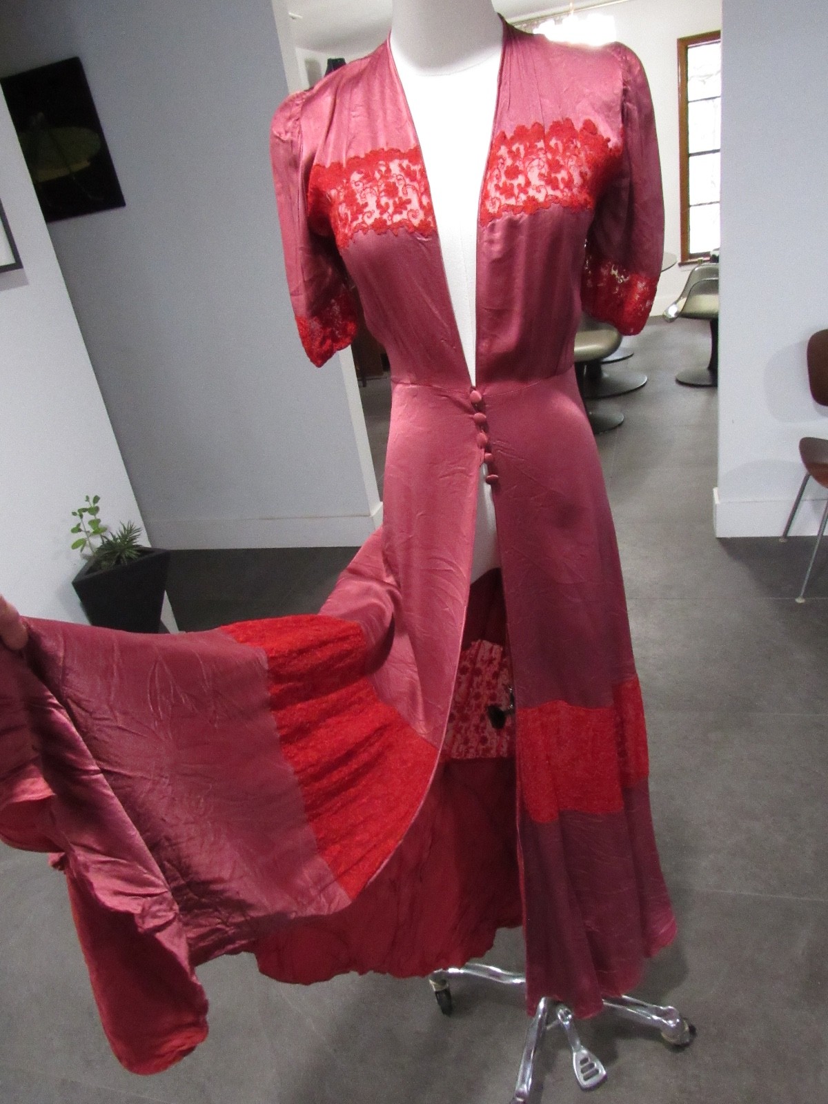 GLAM Vtg COUTURE Red wine 20s 30s 40s Satin Silk Dress night gown maxi Lace S M