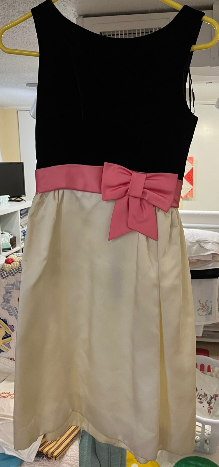 Vintage Black, Cream & Pink Satin & Velvet Dress–Handmade