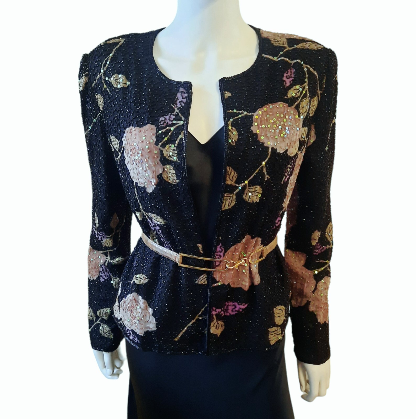 Vtg ANDRETTA DONATELLO Beaded Floral Print Silk Chiffon Jacket Sz M…