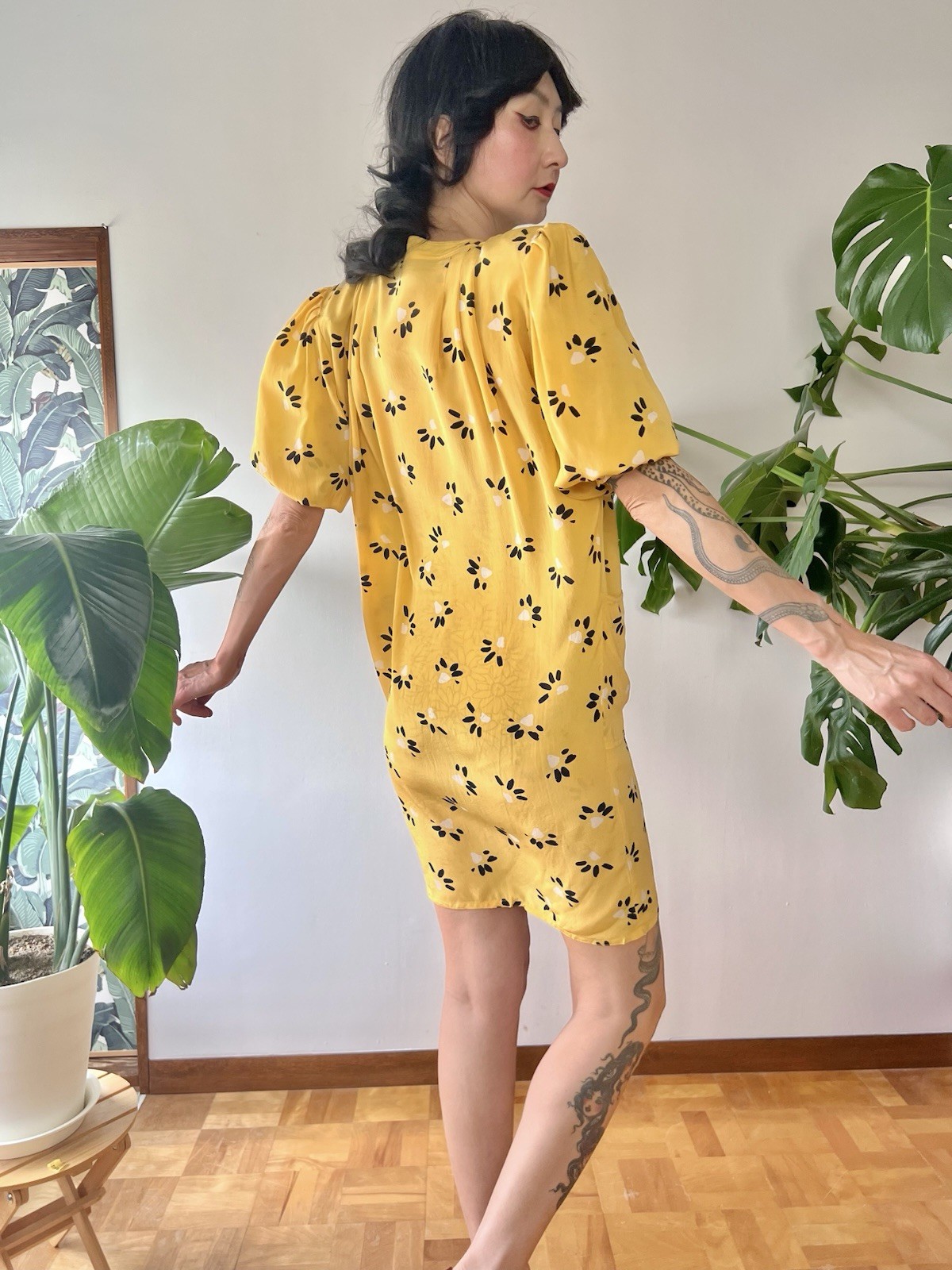 Vintage 80s Ungaro Solo Donna Italy Silk Puff Sleeve Mini Dress Yellow XS-M
