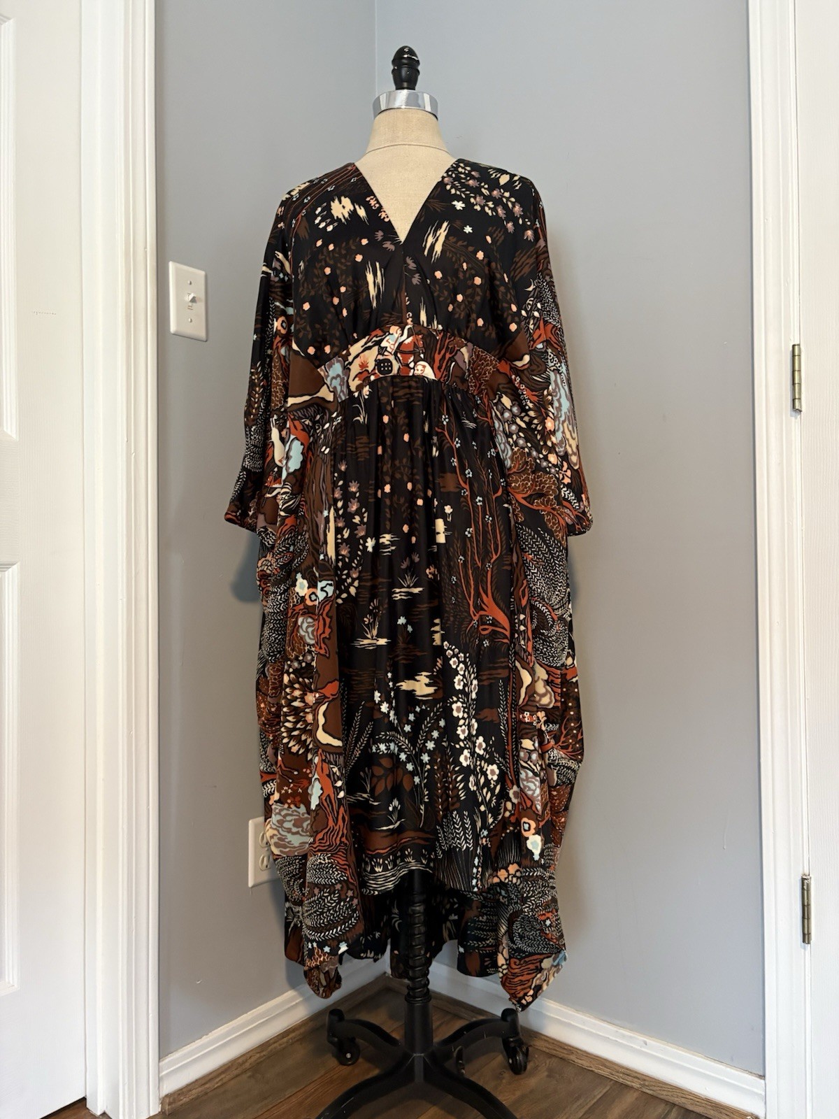 Vintage 60s Art Nouveau Goddess Angel Wing Maxi Dress Greek Myth Caftan Boho