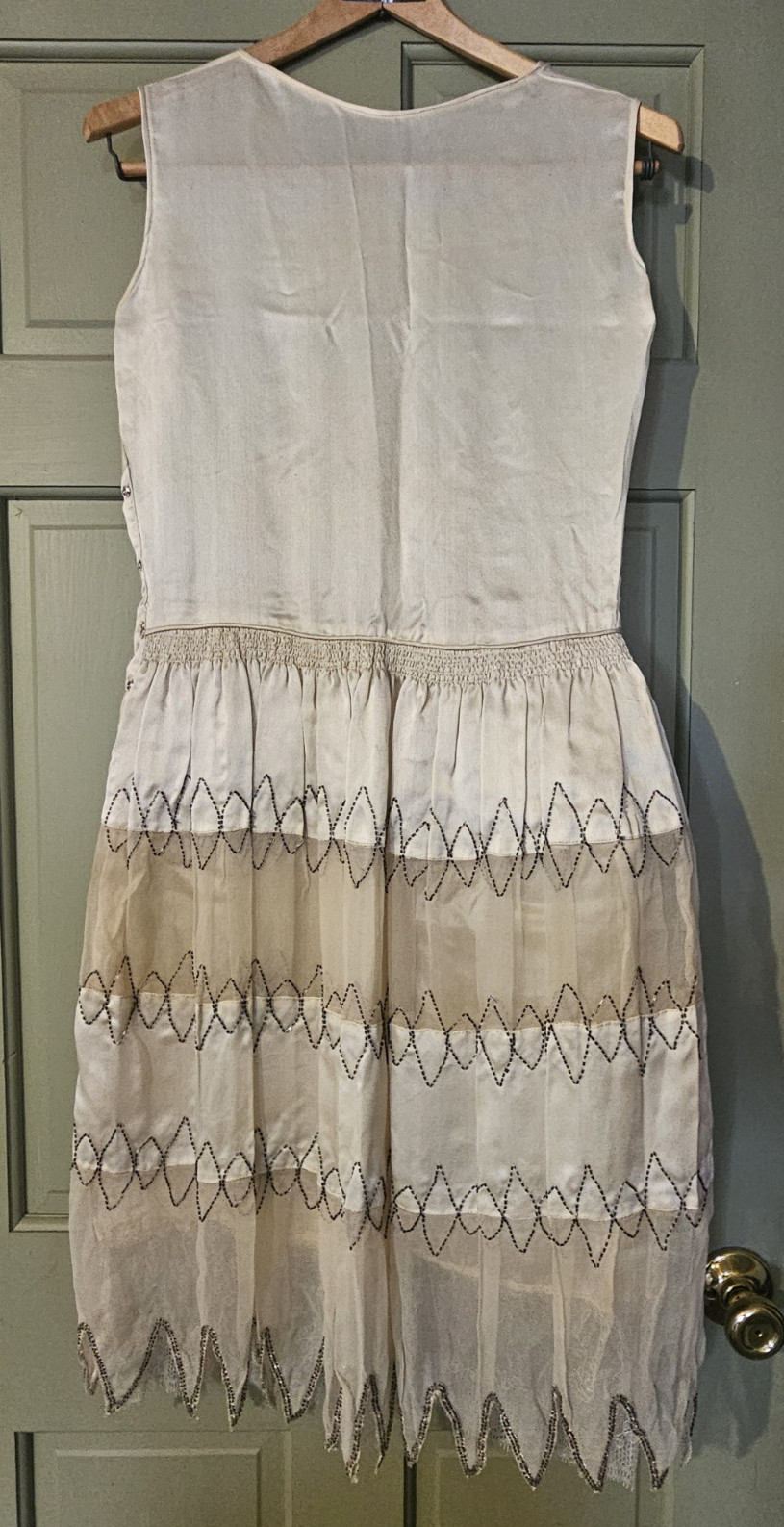 1920s Ivory Satin & Sheer Flapper Party Dress Metallic Beaded sleeveless