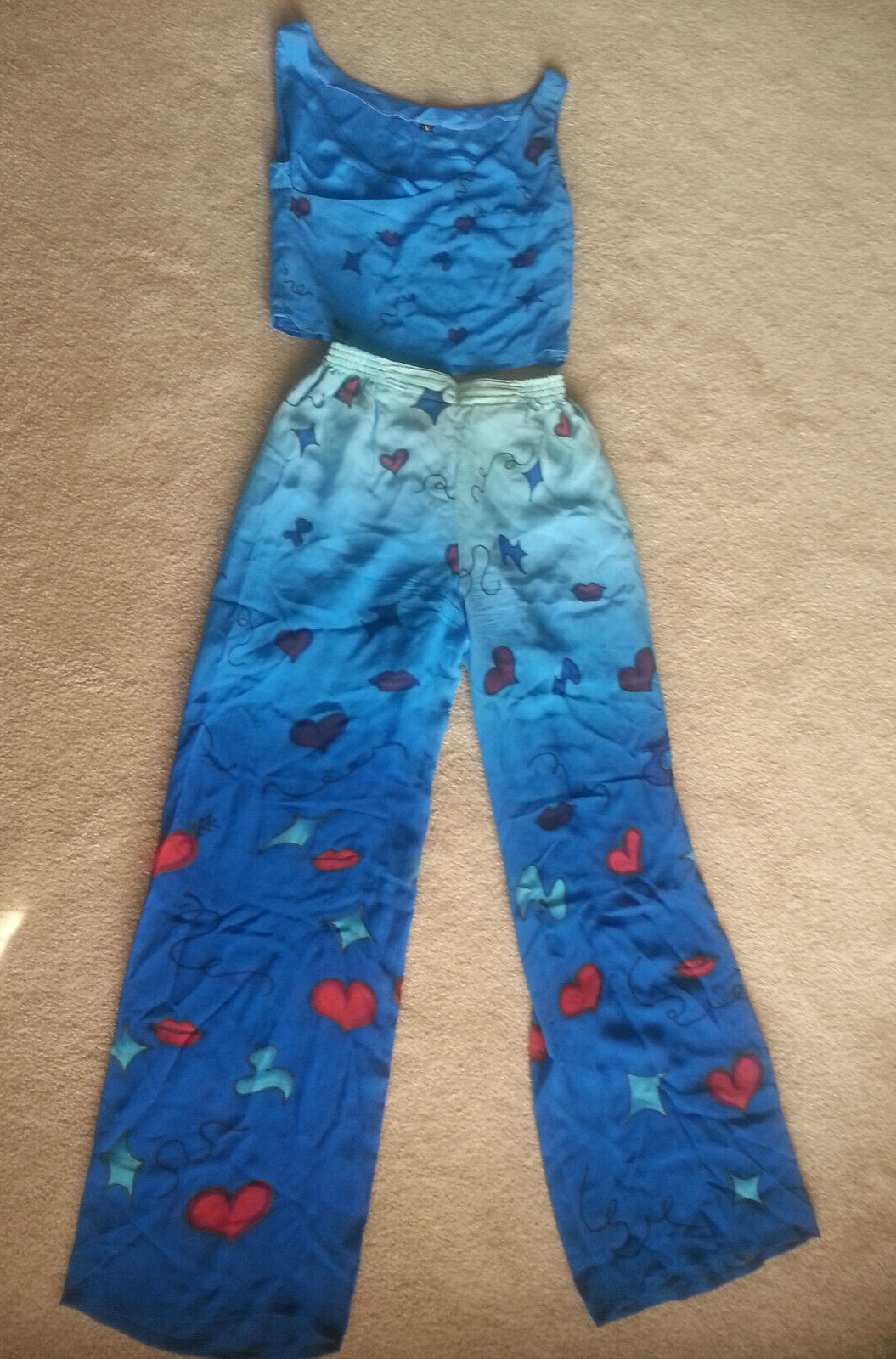 Silk Pants & Matching Top Set Size S Vintage Hand Painted *EXCELLENT