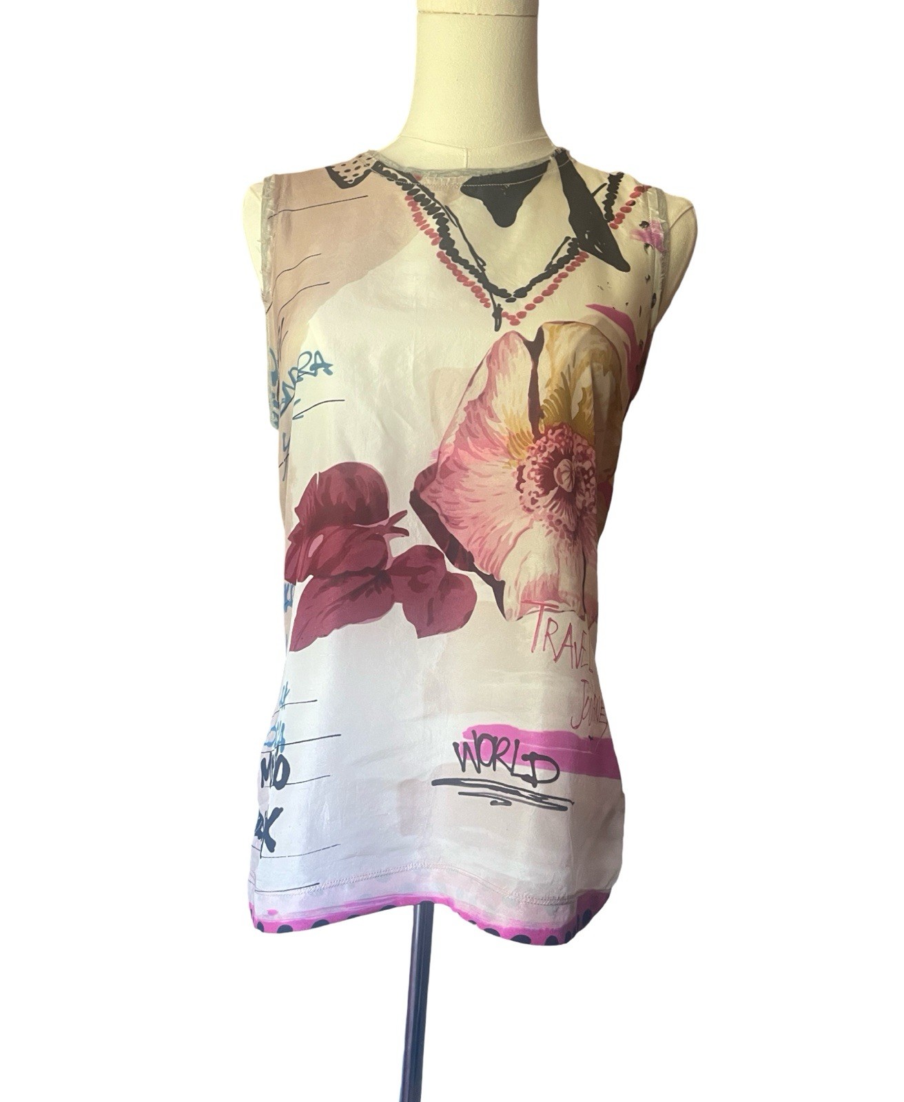 Vintage Early 2000s Dolce & Gabbana Silk Front Floral Graffiti Tank Top Size 42