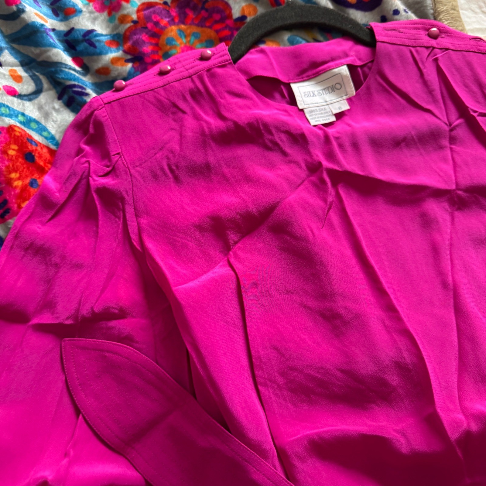 Silk Studio Vintage Fuchsia Pink 100% Silk Long Sleeve Midi Dress Size 8