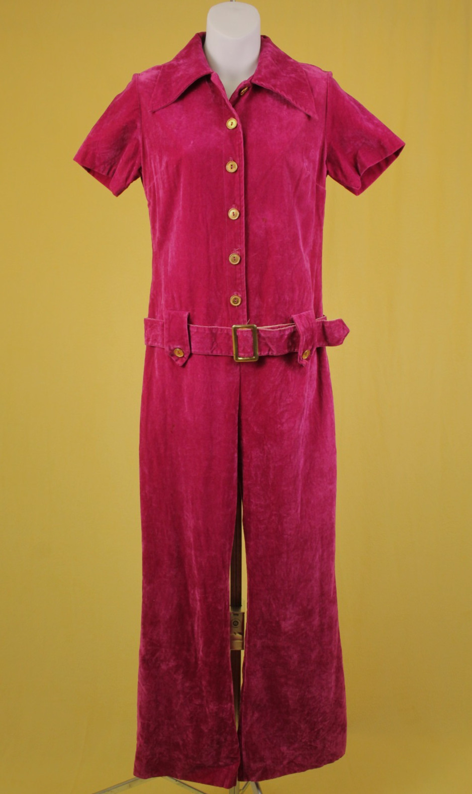 Vtg Women&rsquo;s 70s Fuchsia Velveteen Rayon Drop Waist Jumpsuit W/ Belt Sz S/M 1970s