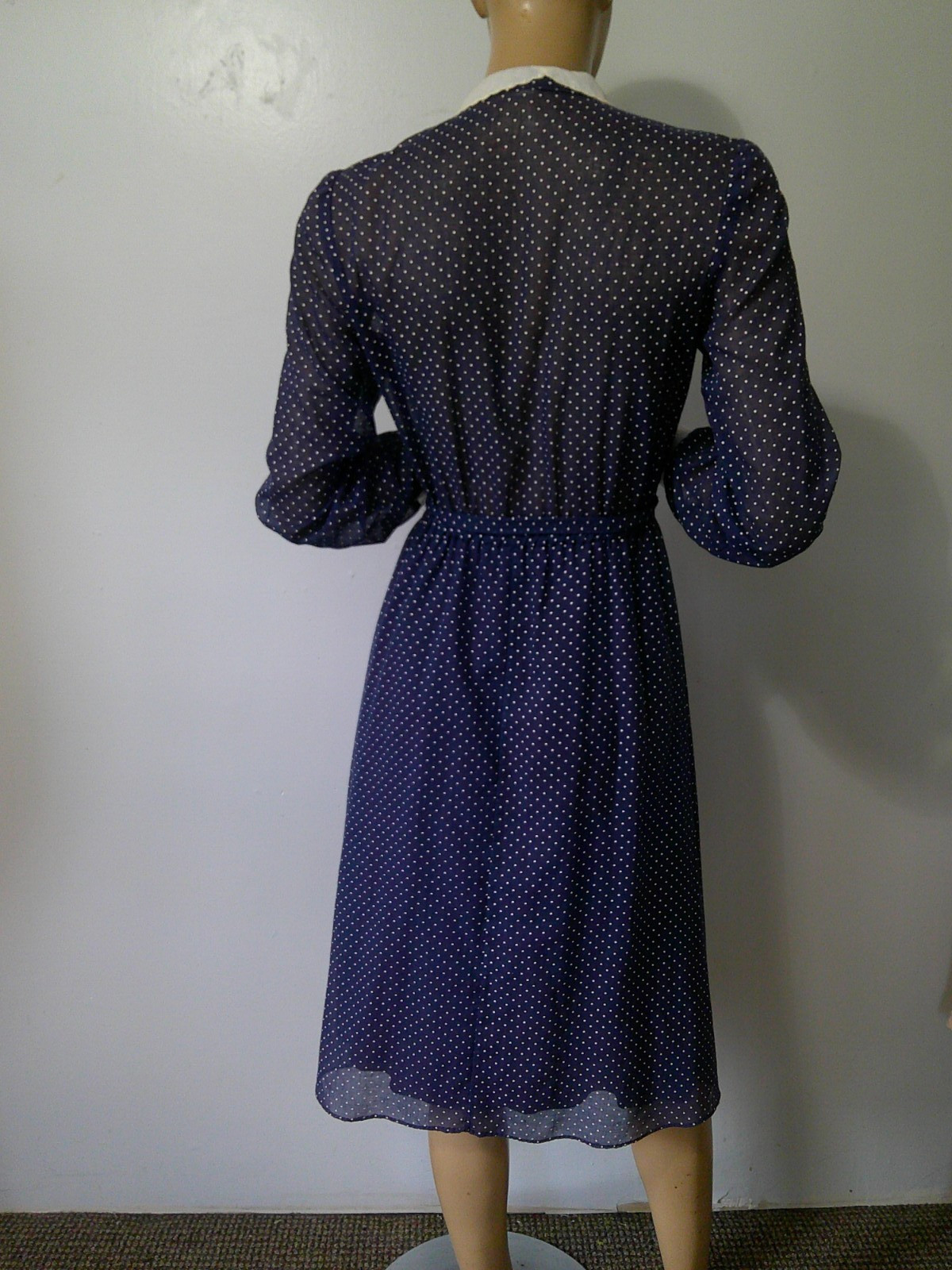 Vtg 70s Navy & White Tiny Dot Semi Sheer Modest Secretary Day Dress Fit Flare M