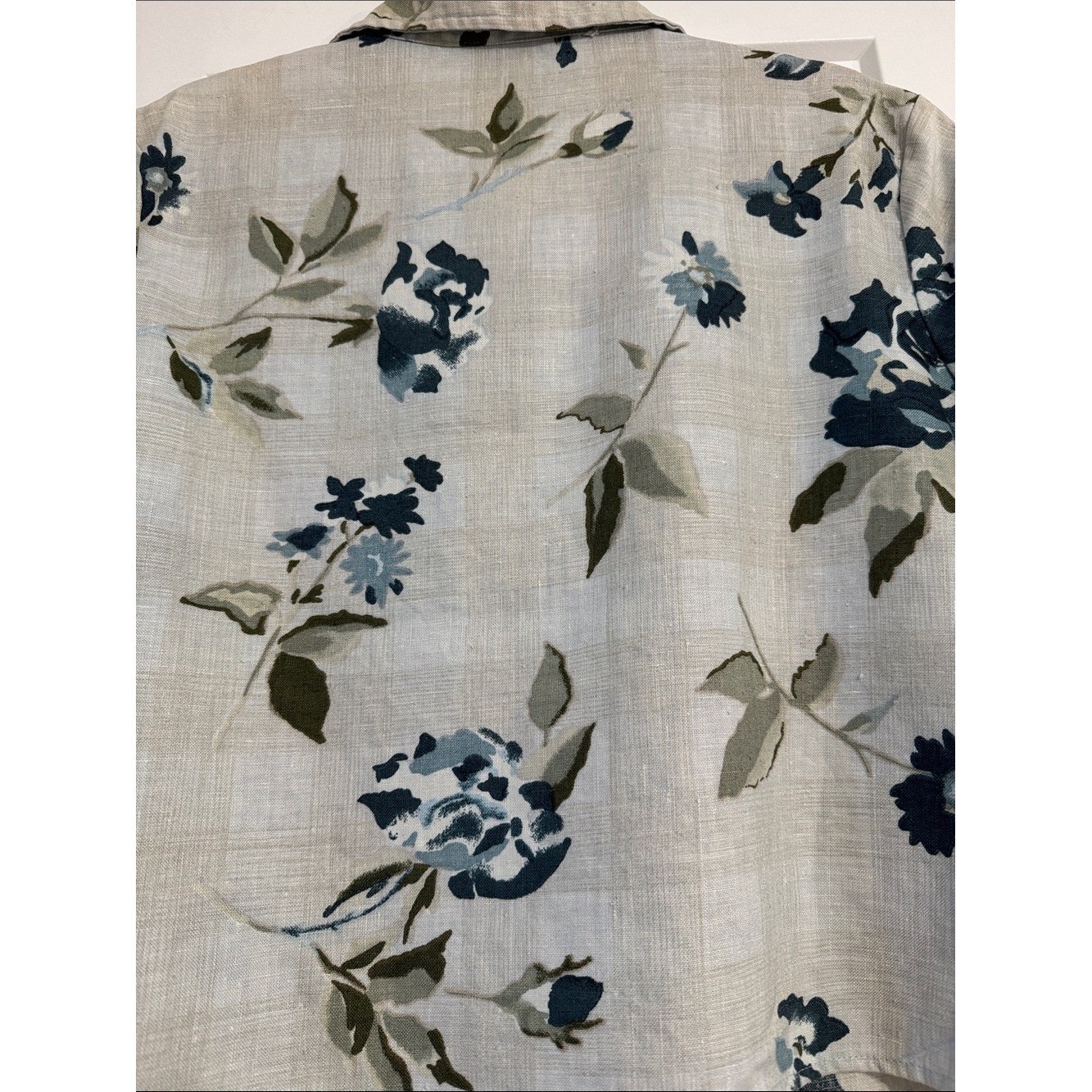 VTG 80s Floral Short Sleeve Cropped Blouse Blue Green 100% Linen Relaxed Collar