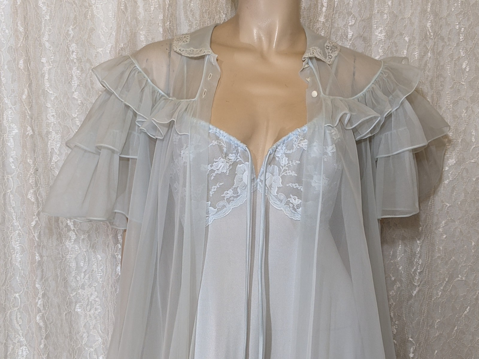VTG Luxite by Holeproof Ruffle Sleeves Peignoir Robe Bonus Lingerie Nightgown M