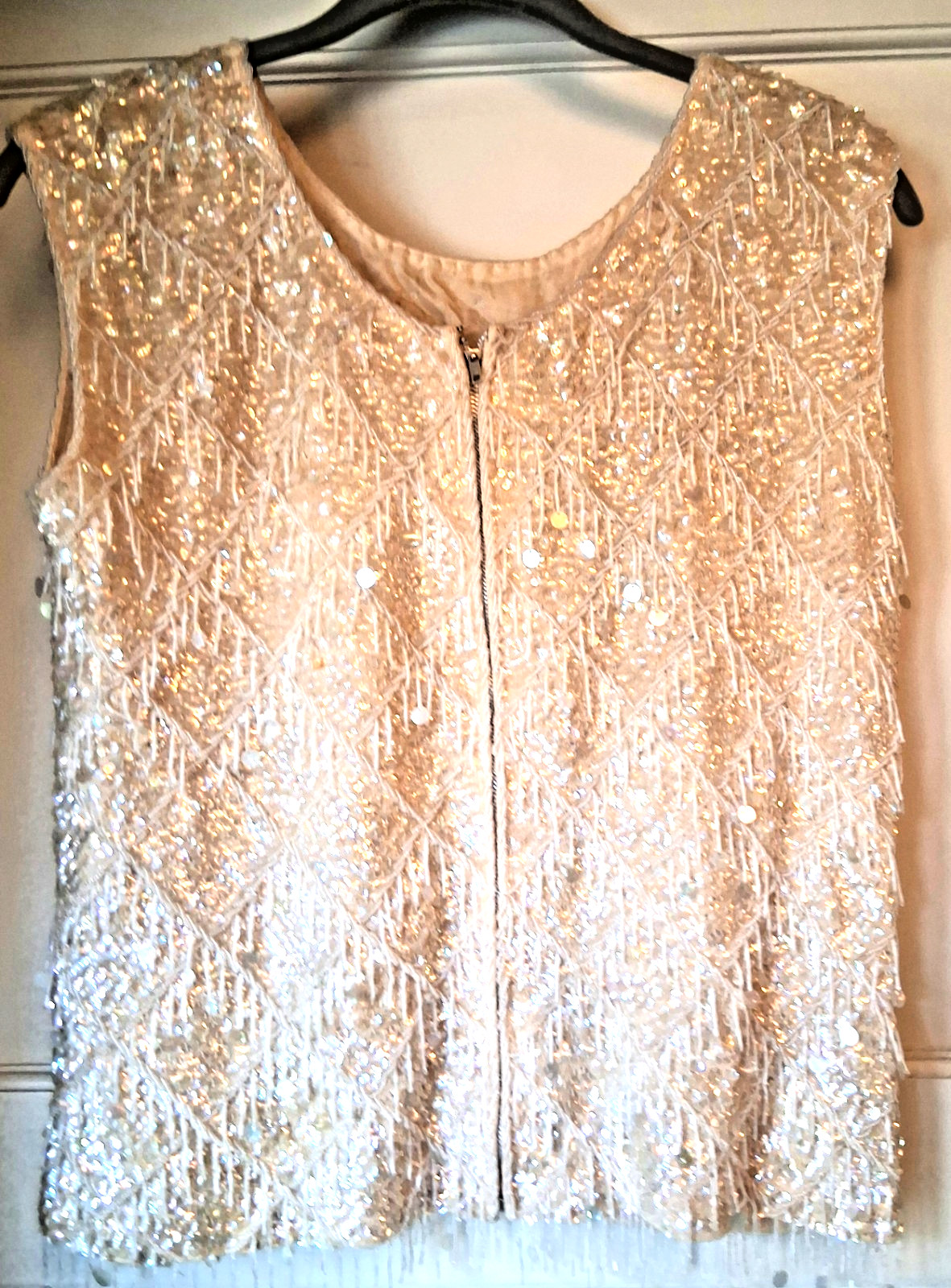 Vintage Womens Ivory Iridescent Sequin Beaded Knit Tank Top Hand Made HONG KONG
