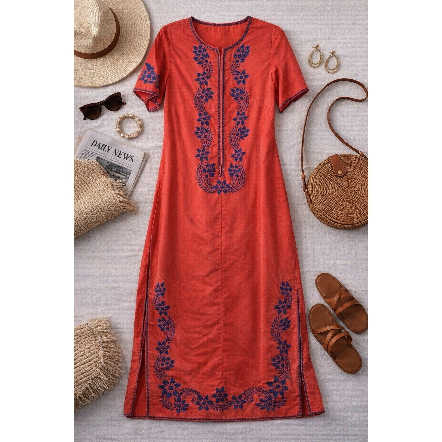 Wms Vintage Kaftan Maxi Dress Coral Blue Floral Embroidered Boho Unbranded