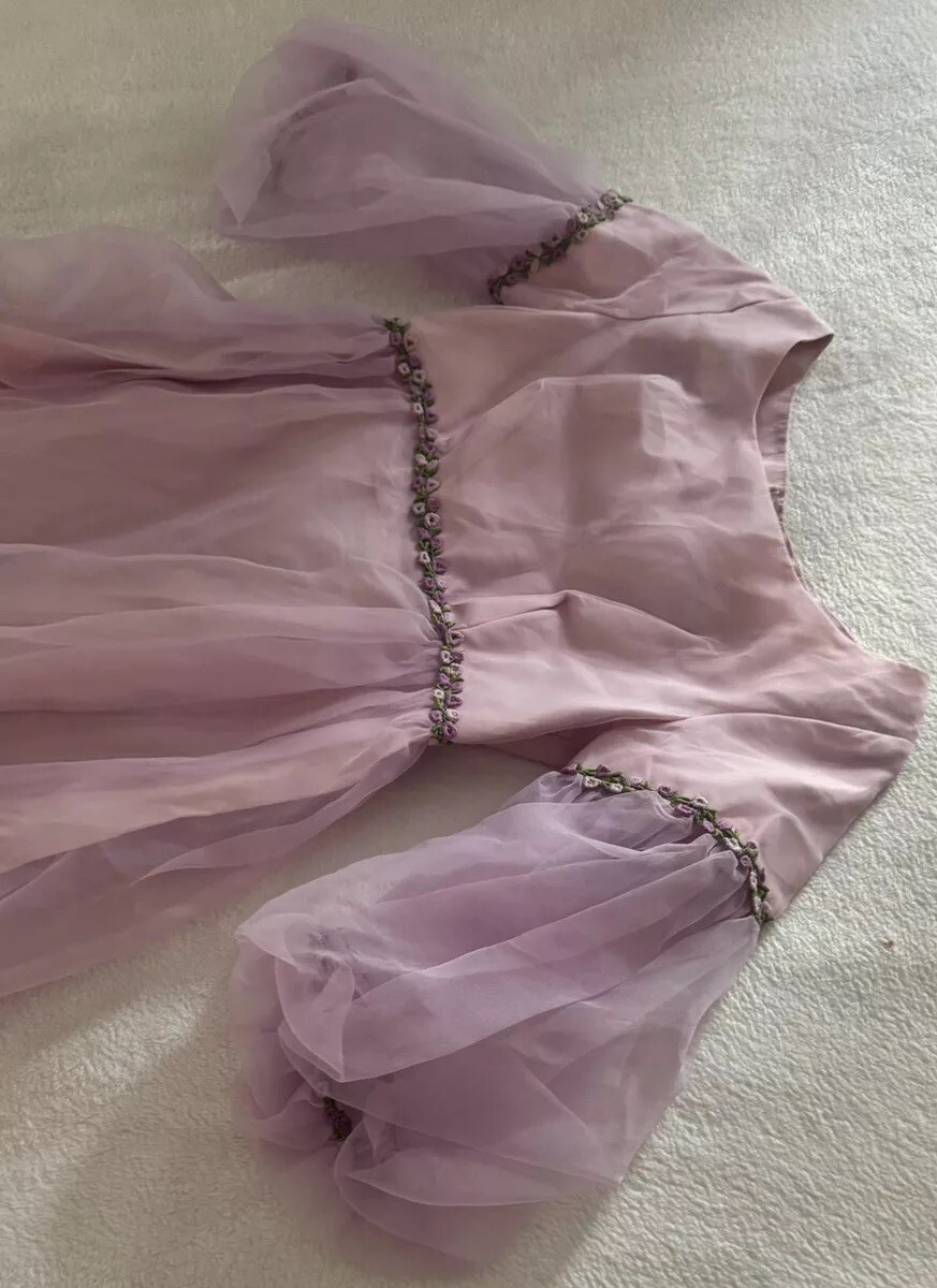 Vintage Handmade Purple Lavender Tulle Long FAIRY Dress Flower Trim Puff Sleeve