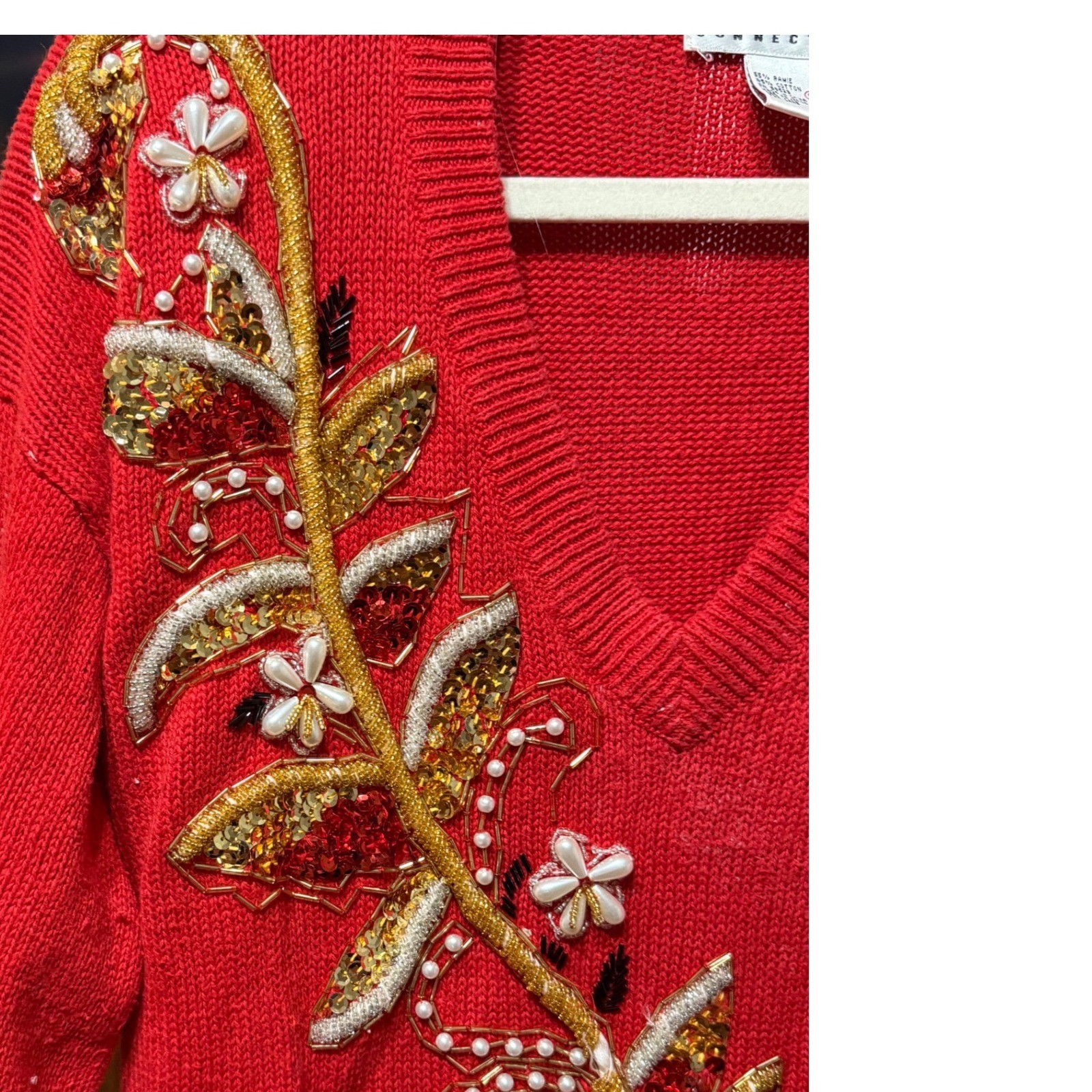Kitschy Retro Vintage Western Connection Red Sweater Sequin Pearl Embellished S