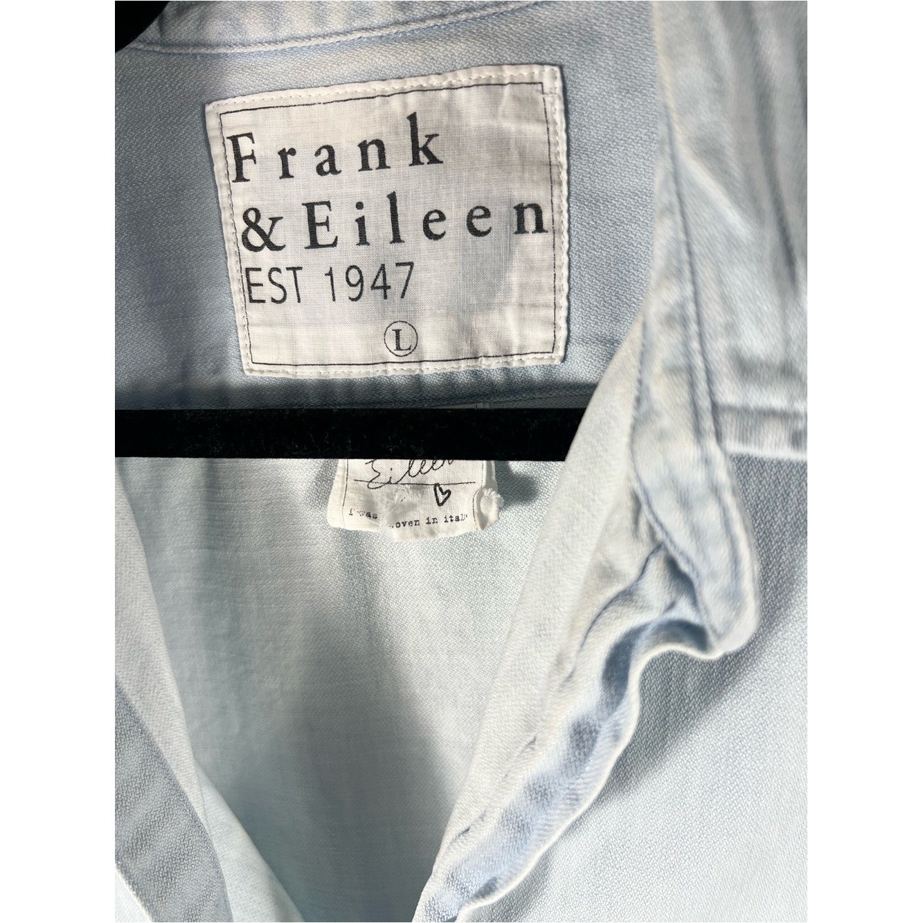 Frank & Eileen Famous Button Down Cotton Denim Distressed Splattered Shirt Sz L