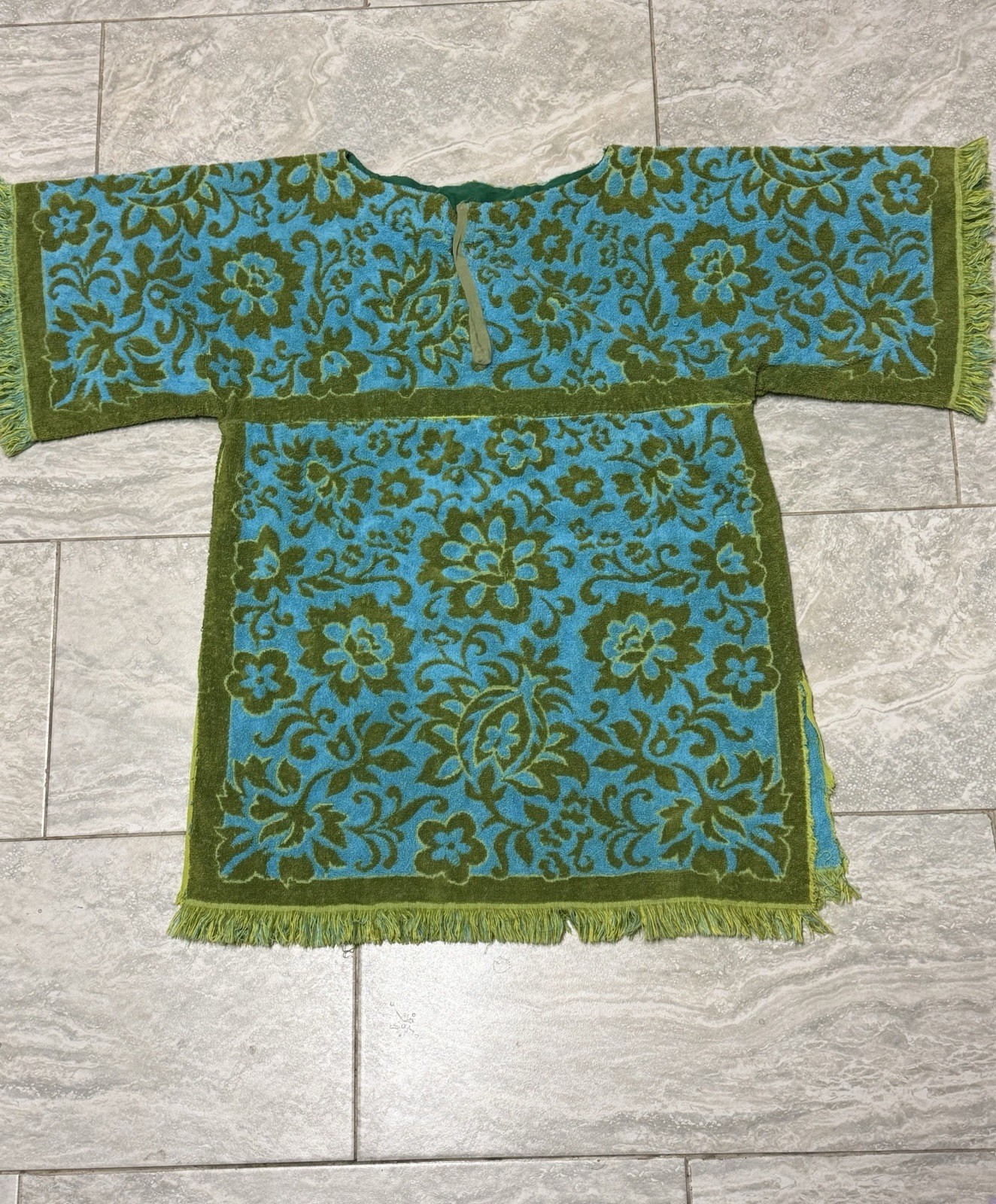 Vintage Green Blue Cover-Up Fringe Terrycloth Towel Dress Caftan Beach Poolside