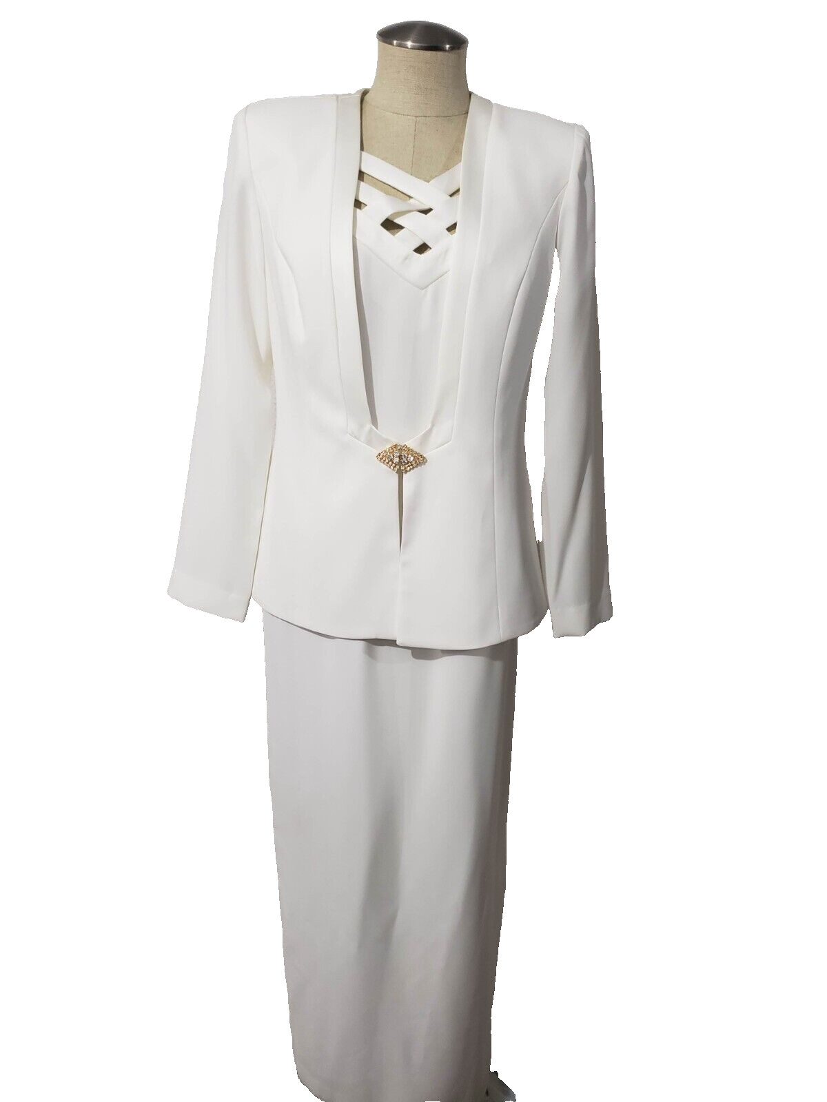 Vtg Karen Miller New York White Evening Blazer Long Sleeveless Dress 8