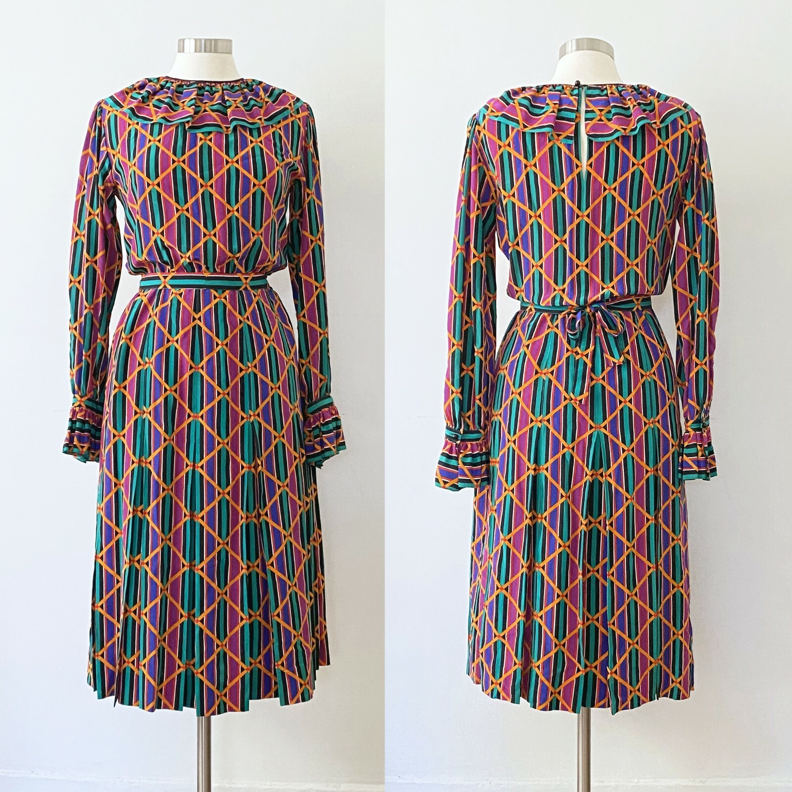 Vintage 1970&rsquo;s Saint Laurent Rive Gauche silk dress w/pleated skirt, sz 42 FR