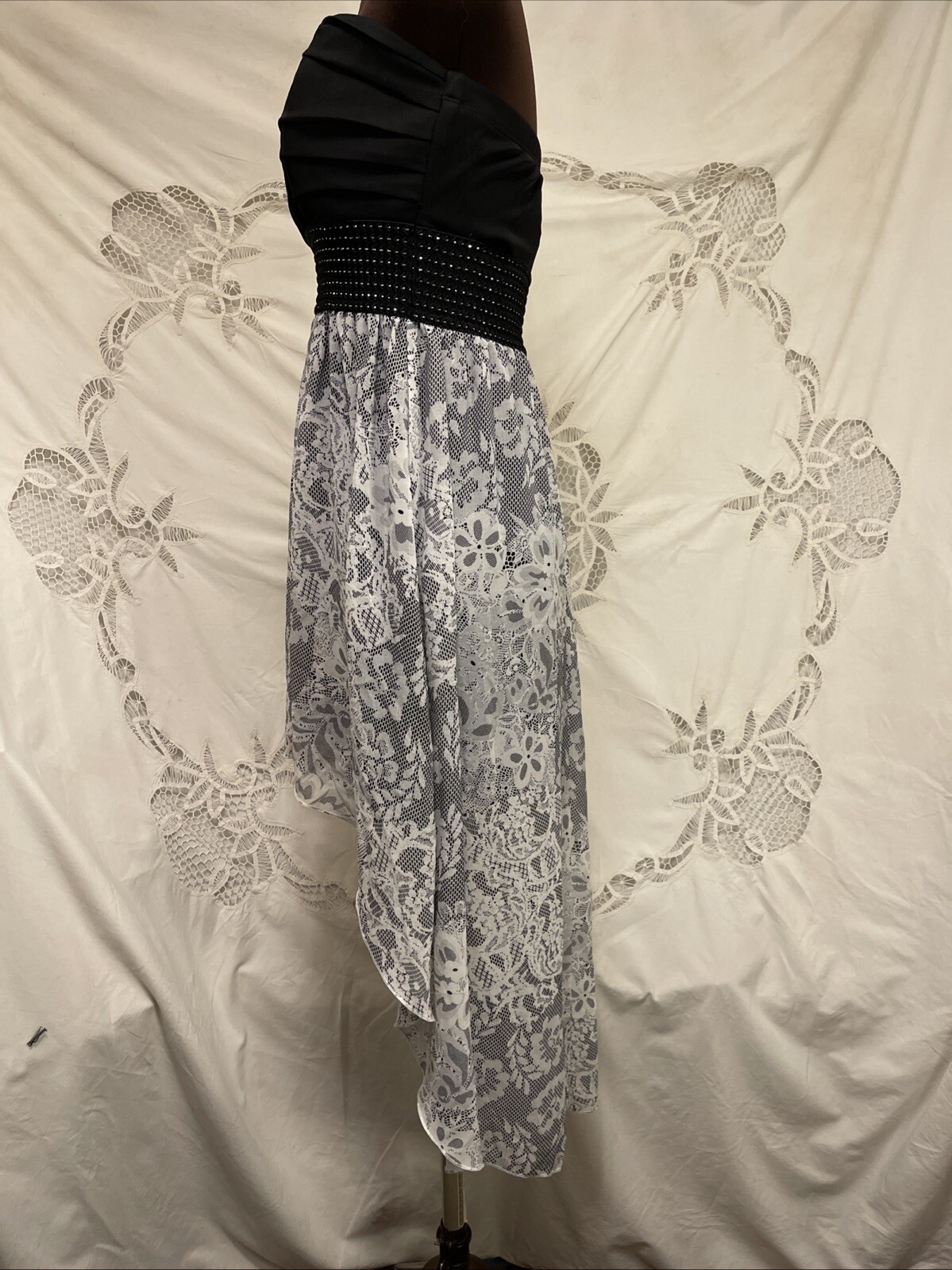 Vintage 90&rsquo;s Roberta strapless Asymmetrical Hem Black White Sparkle Prom Dress M