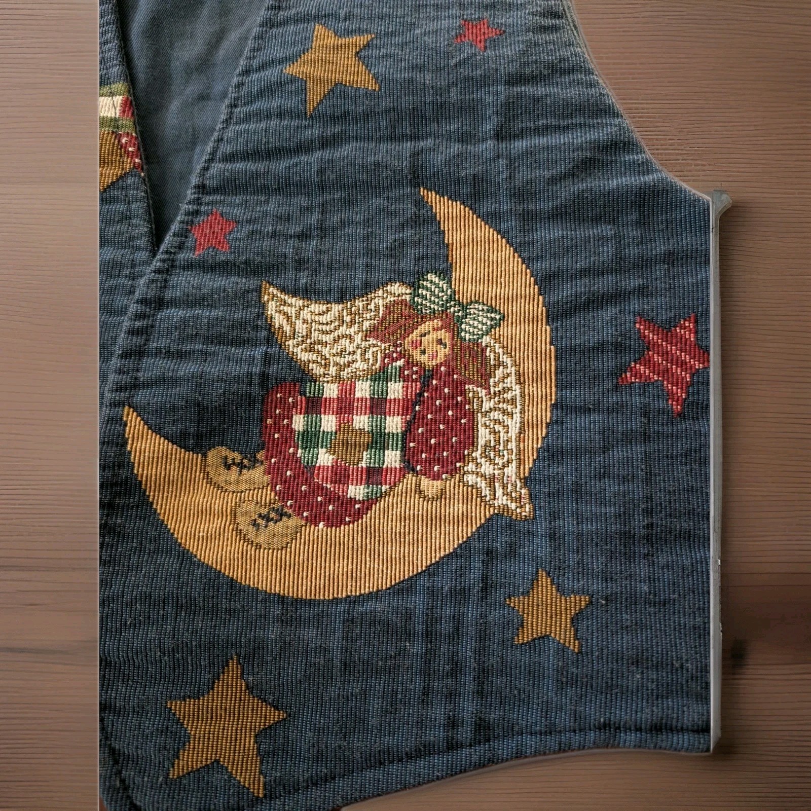 Vintage Vest Size L 90s Denim Blue Patchwork Christmas Angels Toggle Buttons