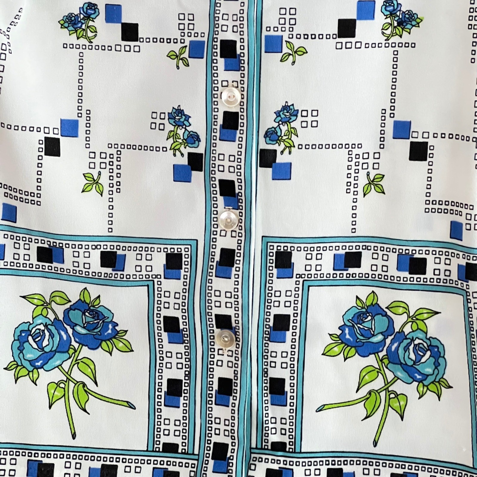 Smartique Button Up Blouse Sz S M Vintage 70s Floral Geometric White Blue Retro