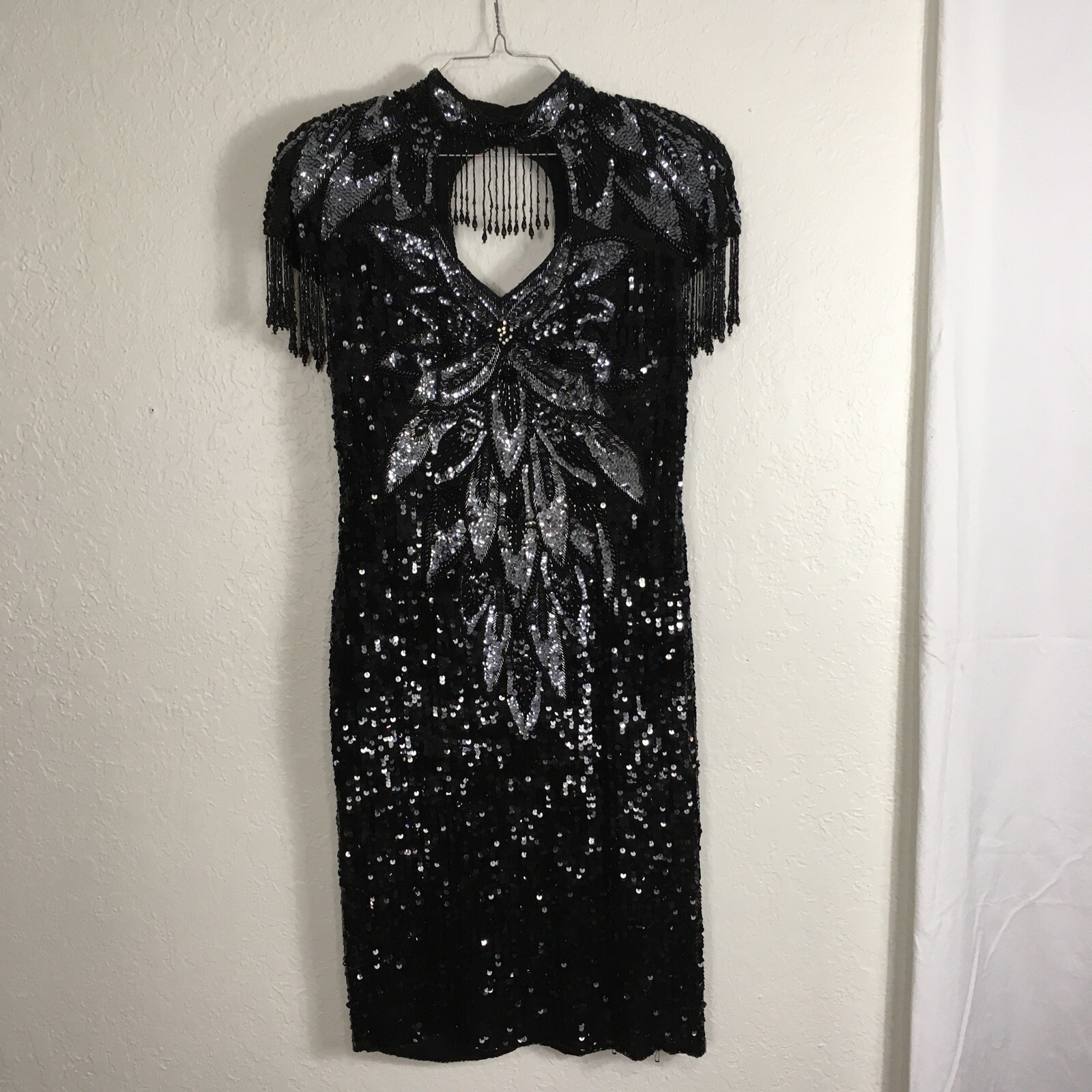VTG Niteline Formal Cocktail Dress Sz 14 Black Silvertone Beaded Fully Sequined