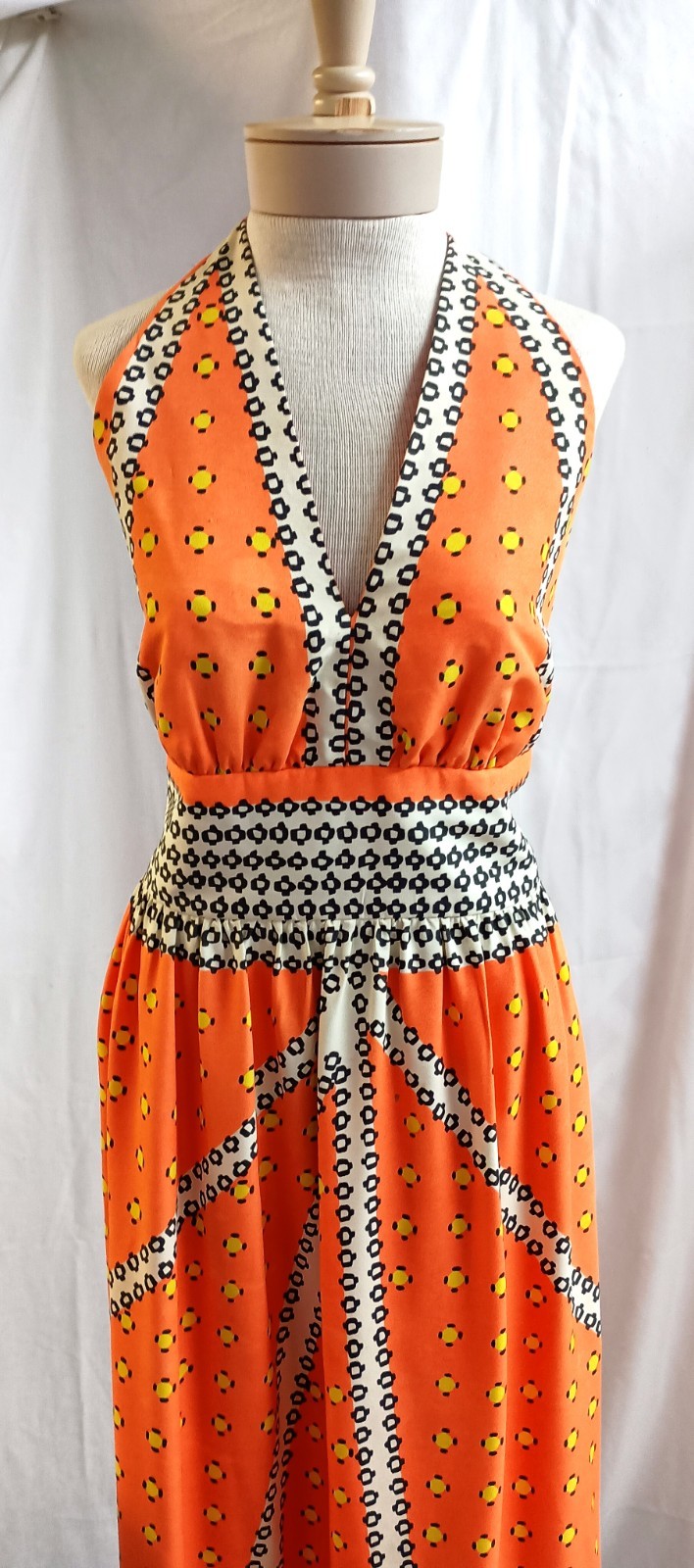 Vtg 60&rsquo;s- 70s Kiva Ltd Orange Multi Dot Print Halter Maxi Dress Vintage Size 14