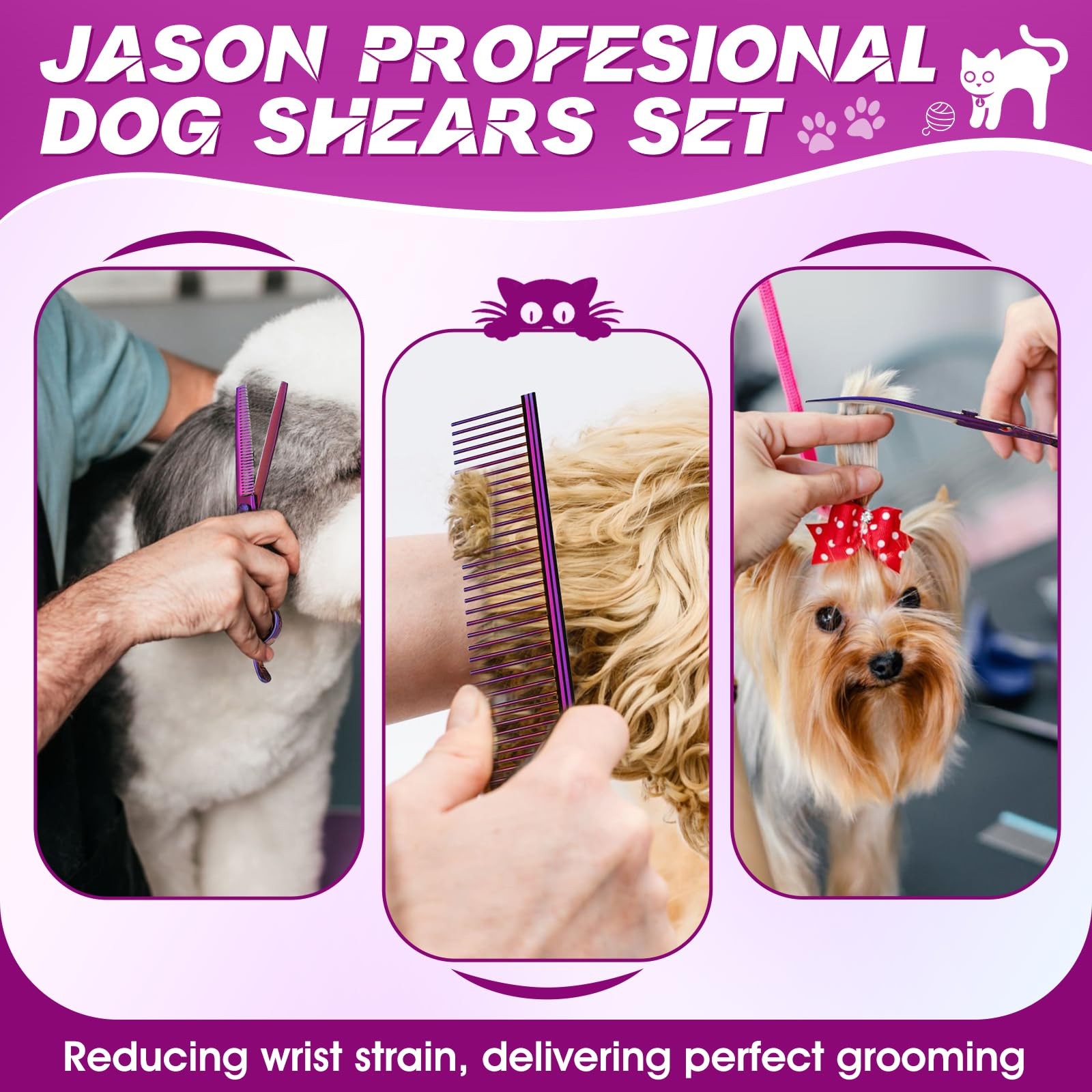 JASON Dog Grooming Scissors Set – Pro 6 in 1 Dog Shears Kit – 6.5&Prime; Thinning