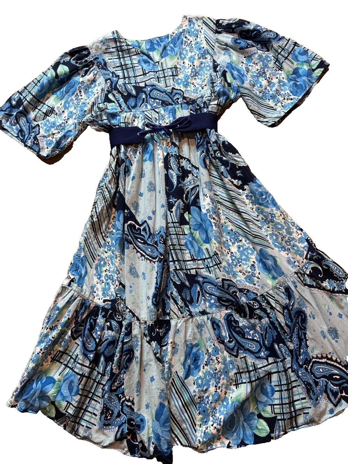 Vintage 60s 70s Boho Hippy Belted Muumuu Kimono Sleeve Paisley Tent Maxi Dress L