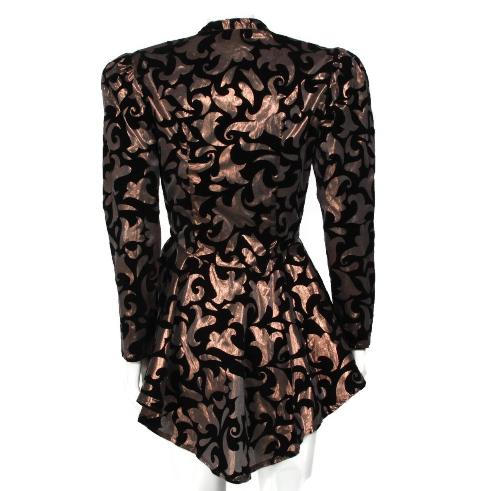 Vtg 80s L.A. Glo Black Velvet Metallic Copper Puff Sleeve Peplum Jacket 9/10 960