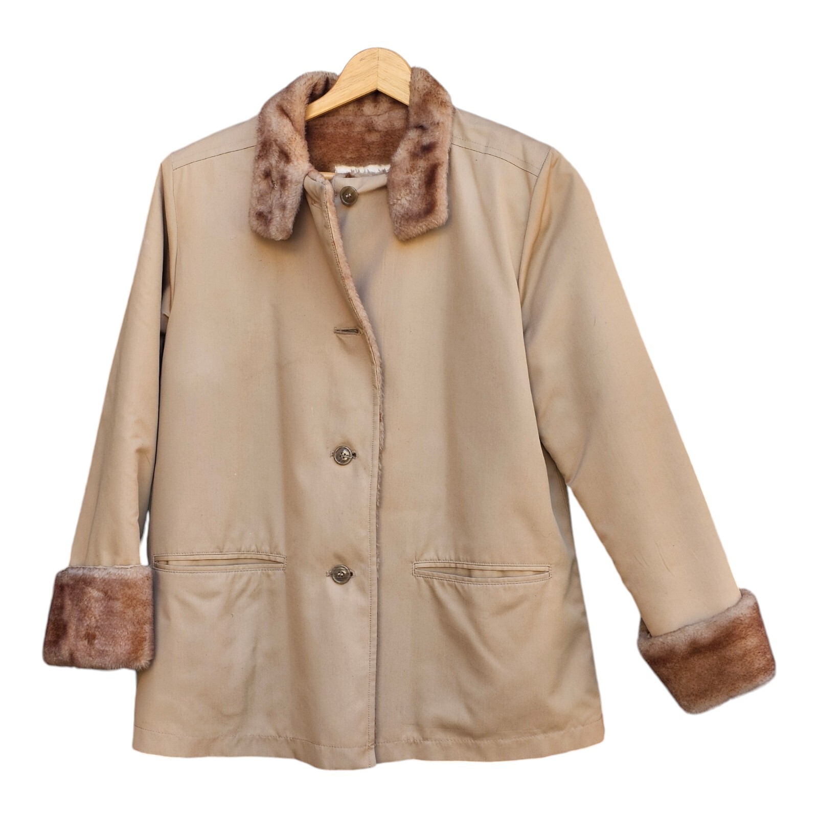 Vintage 70s Misty Harbour Jacket Tan Faux Fur Lined Thick Coat Womens Size 12