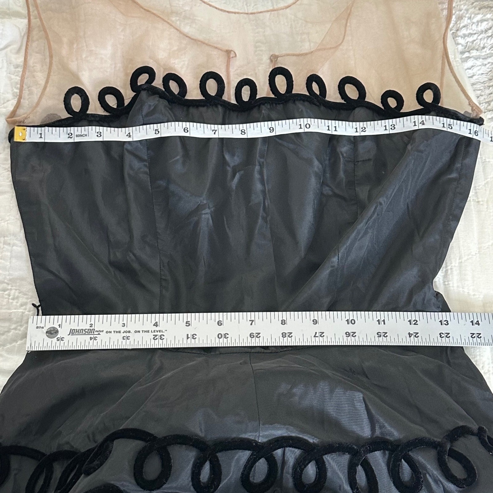 Vintage Arnold Fox Black Bubble Hem Dress Velvet Soutache Illusion Neck MCM Flaw