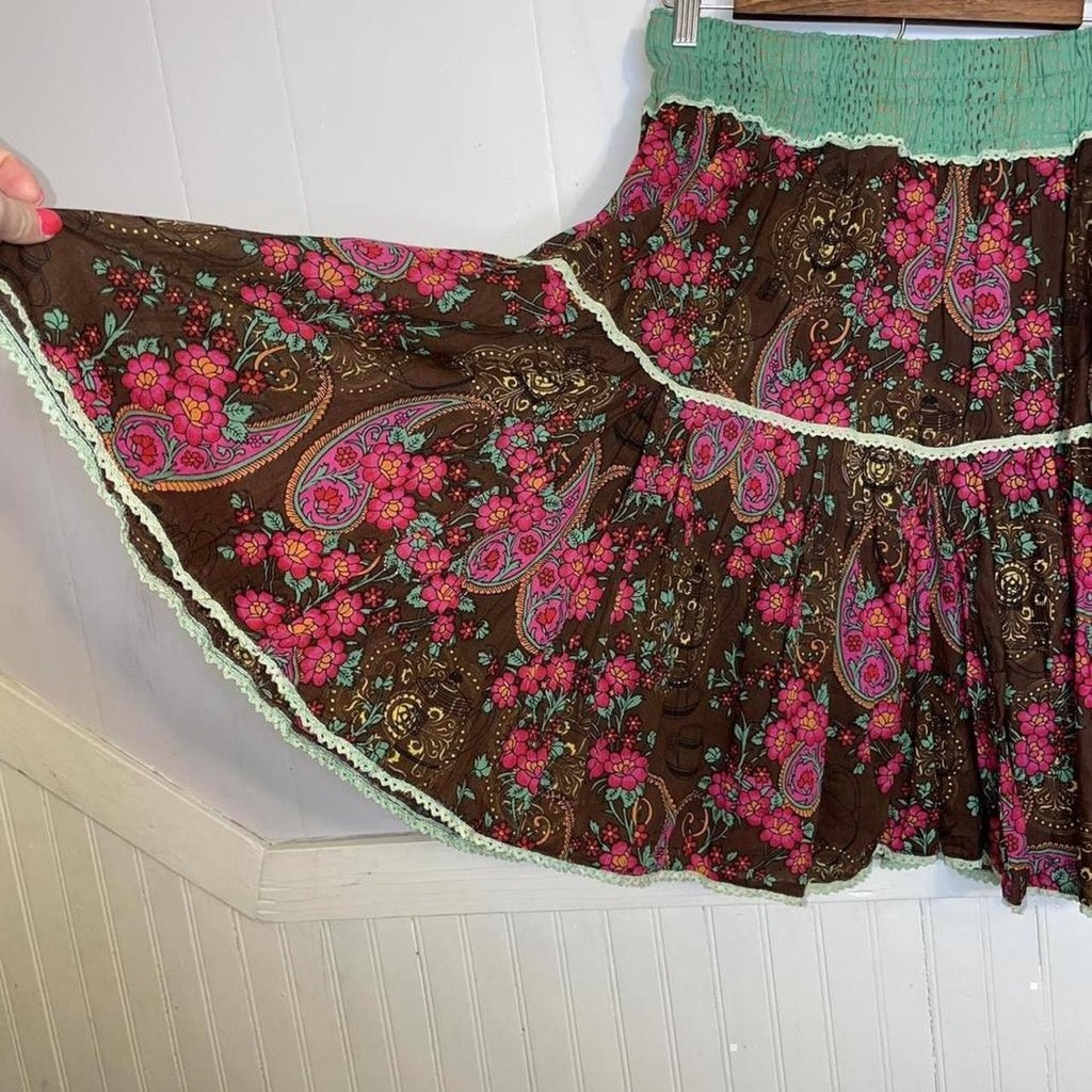 Vintage pink, brown and green cotton skirt karma, living skirt