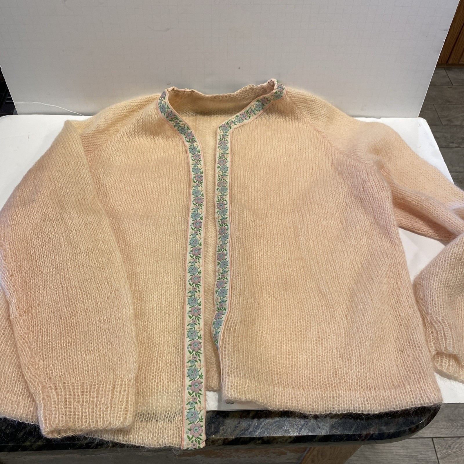 Vintage Light Peach Mohair Sweater With Flower Trim Size Large ￼