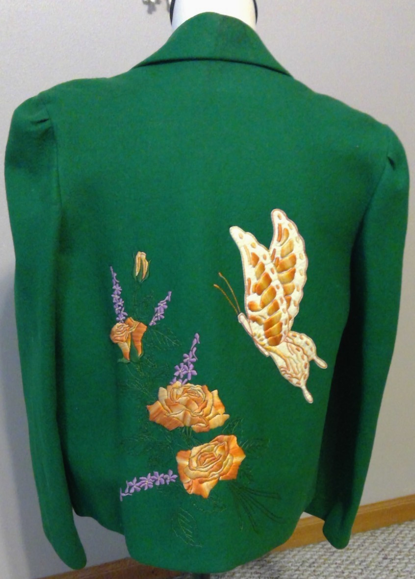 Vintage homemade fully lined green felt jacket embellished w/embroidery size 12p
