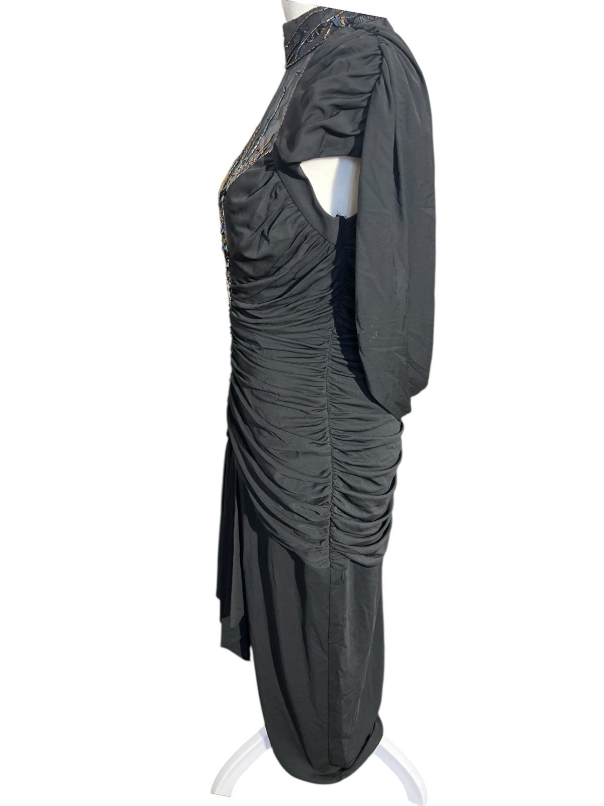Vtg Casadei Black Beaded Runched Dress Plunging Neckline Sz 8