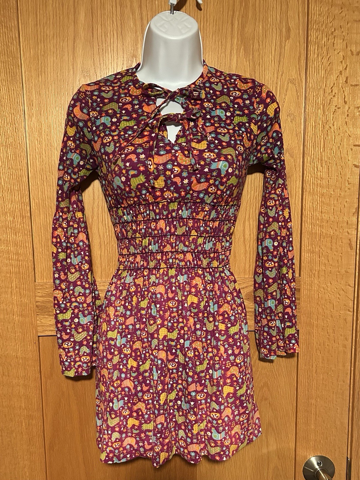Vintage 60s 70s Whimsical Purple Chicken Print Bell Sleeve Keyhole Mini Dress S
