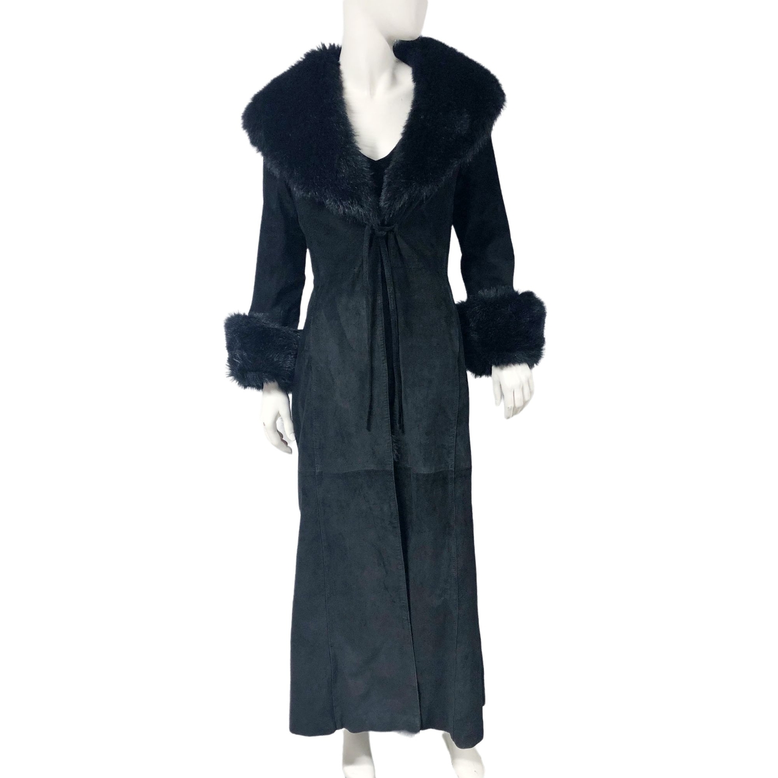 Vintage Y2K 2000s Express Black Suede Faux fur Long Coat Duster Size 5/6