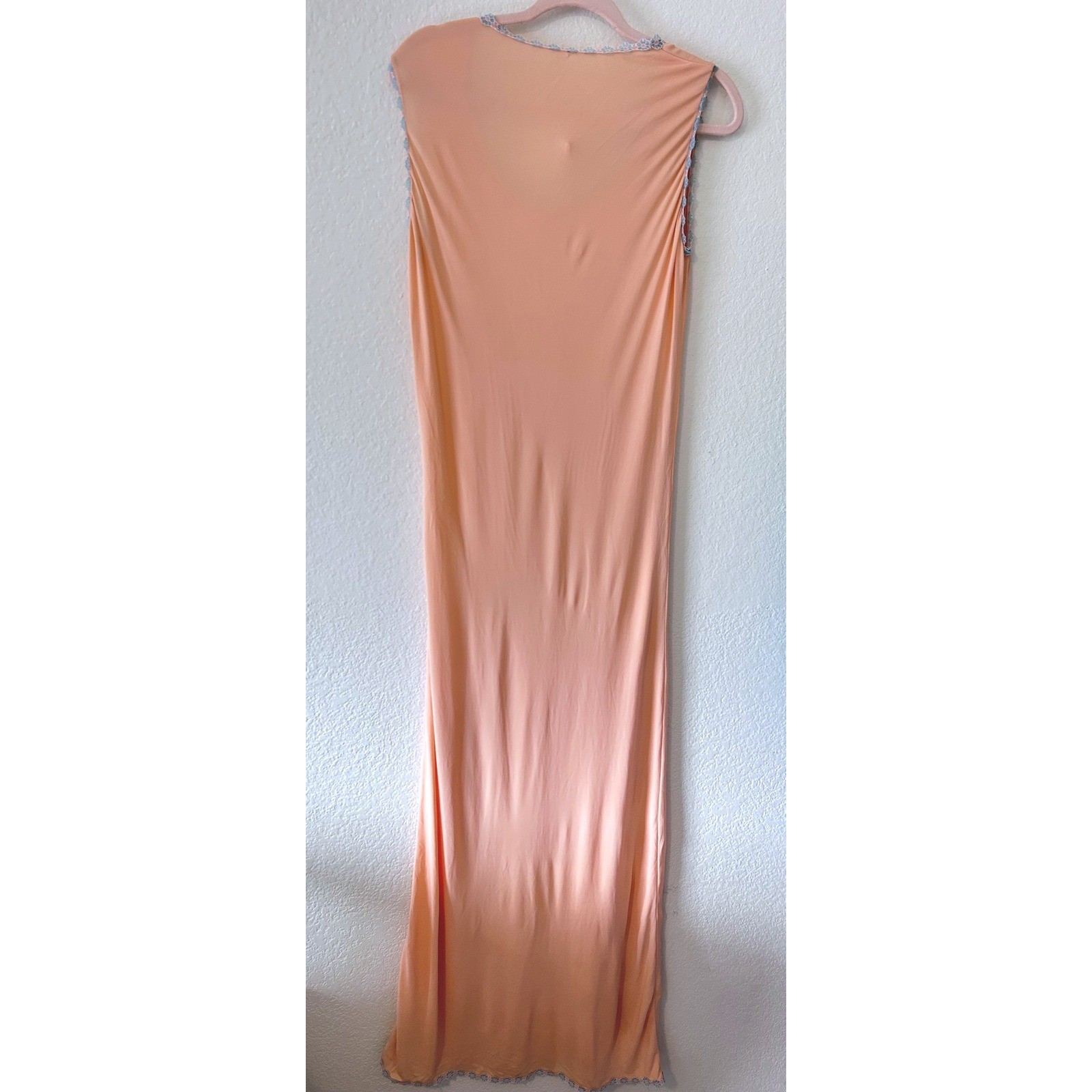 Vintage Peach Sleeveless Maxi Nightgown Slip Dress Blue Floral Lace Trim OS
