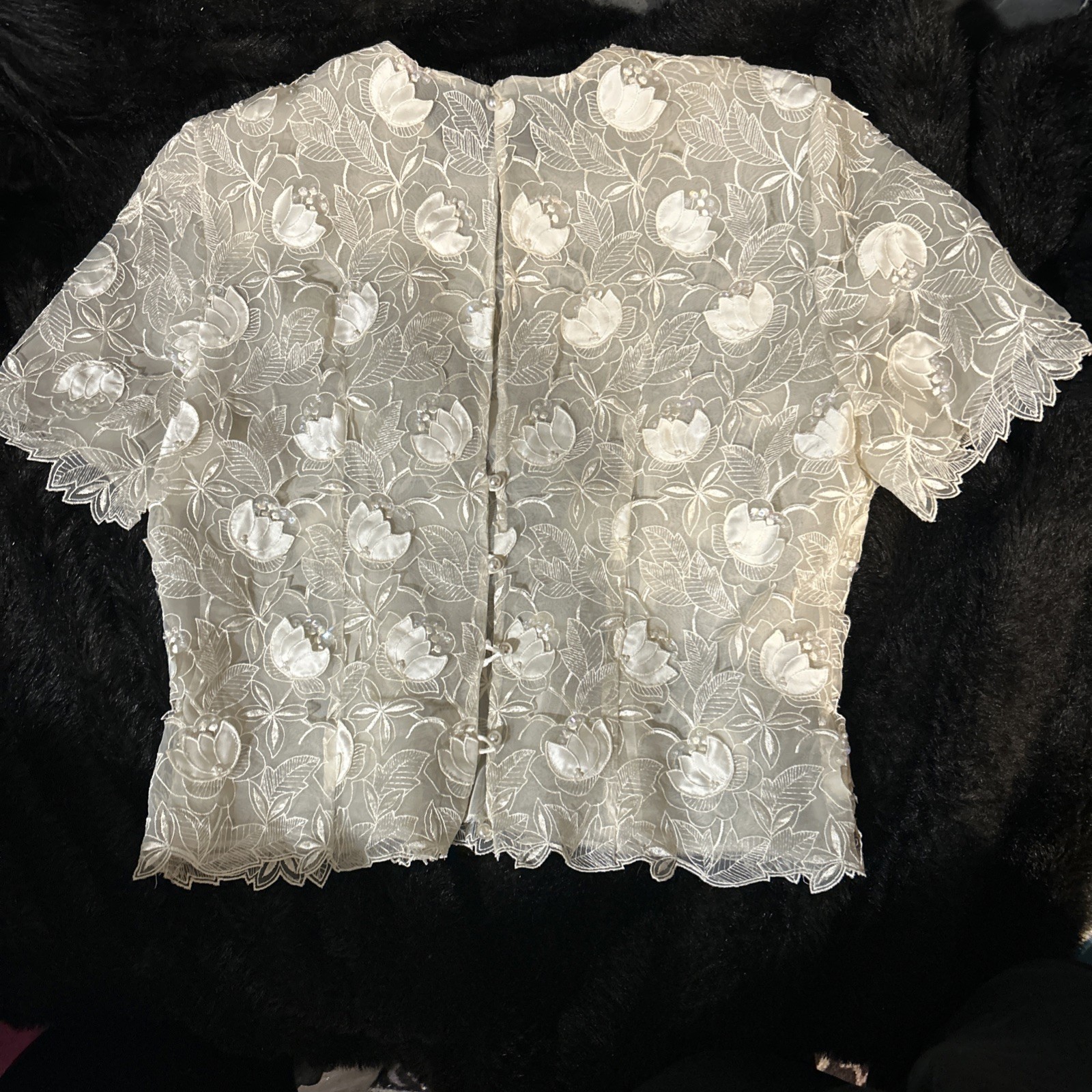 Vintage Beaded/Sequined Appliquéd Lace Top Pearl Style Buttons & Peekaboo Back