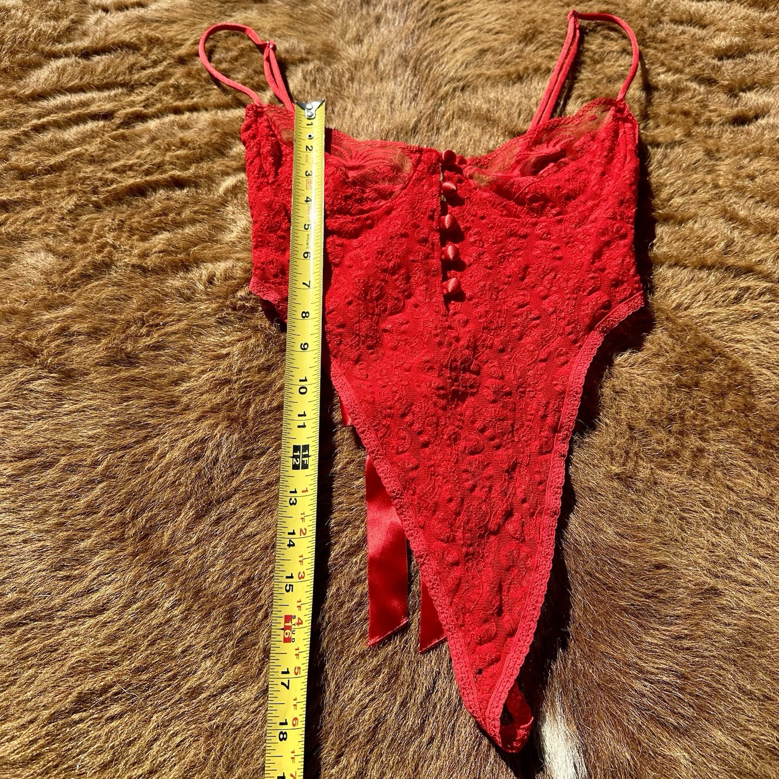 Vintage 90s Chic Red Lace Button Bow Thong Lingerie Bodysuit USA Ribbon Present
