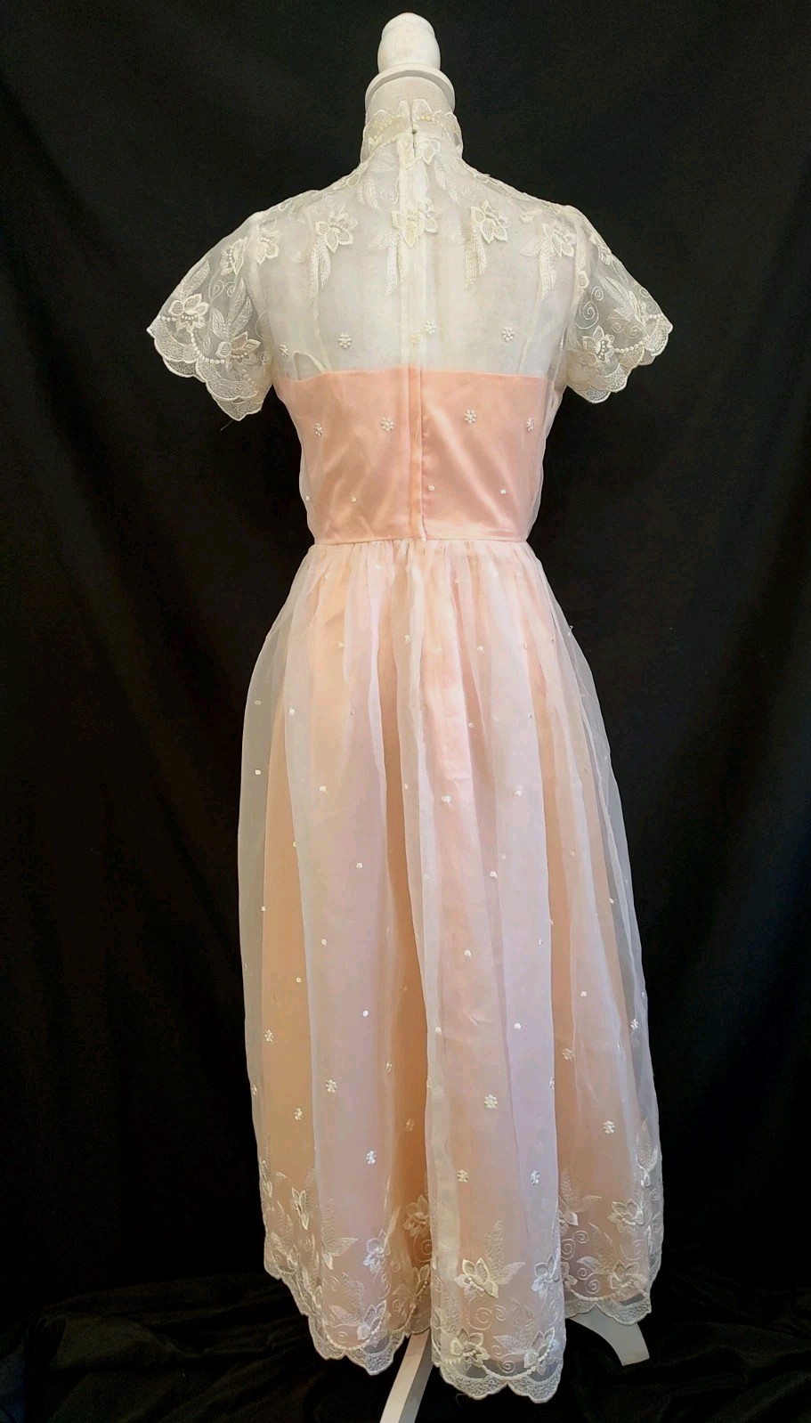 Vintage 80&rsquo;s does 50&rsquo;s Dress Peach Satin & White Lace Party Prom Formal Midi S