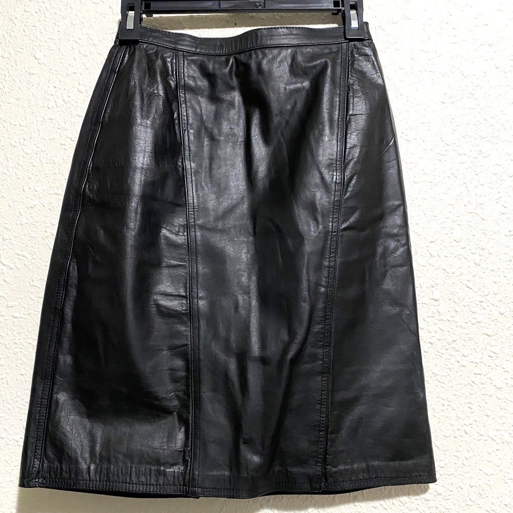 Vtg Winklit 7/8 25in moto witchy dark Y2K Black Leather Skirt A-Line 80s fairy
